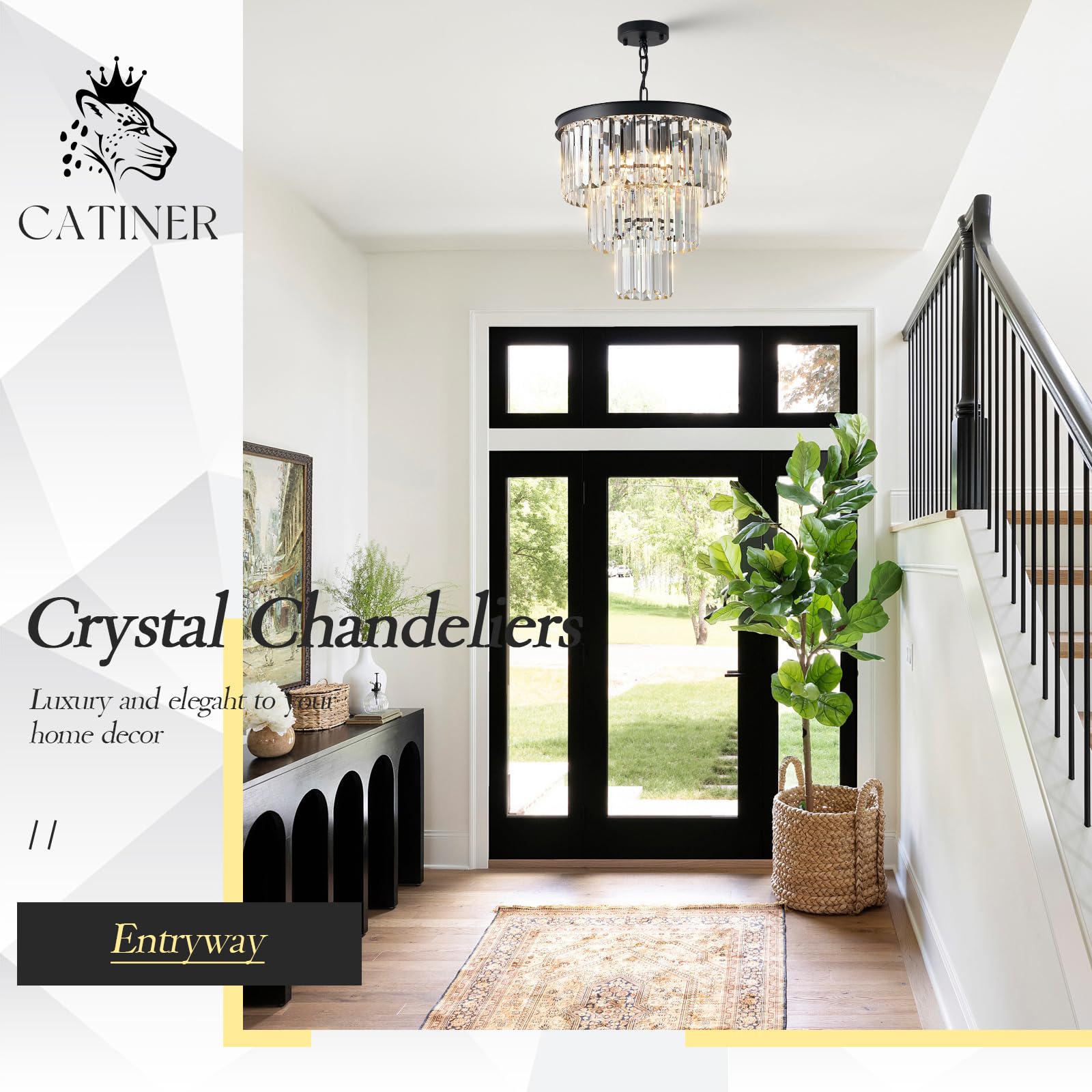 CATINER Modern Crystal Chandelier, 16" Small Black Pendant Light, 3-Tier K9 Crystal, 6-Light Fixture for Dining Room, Entryway, Kitchen