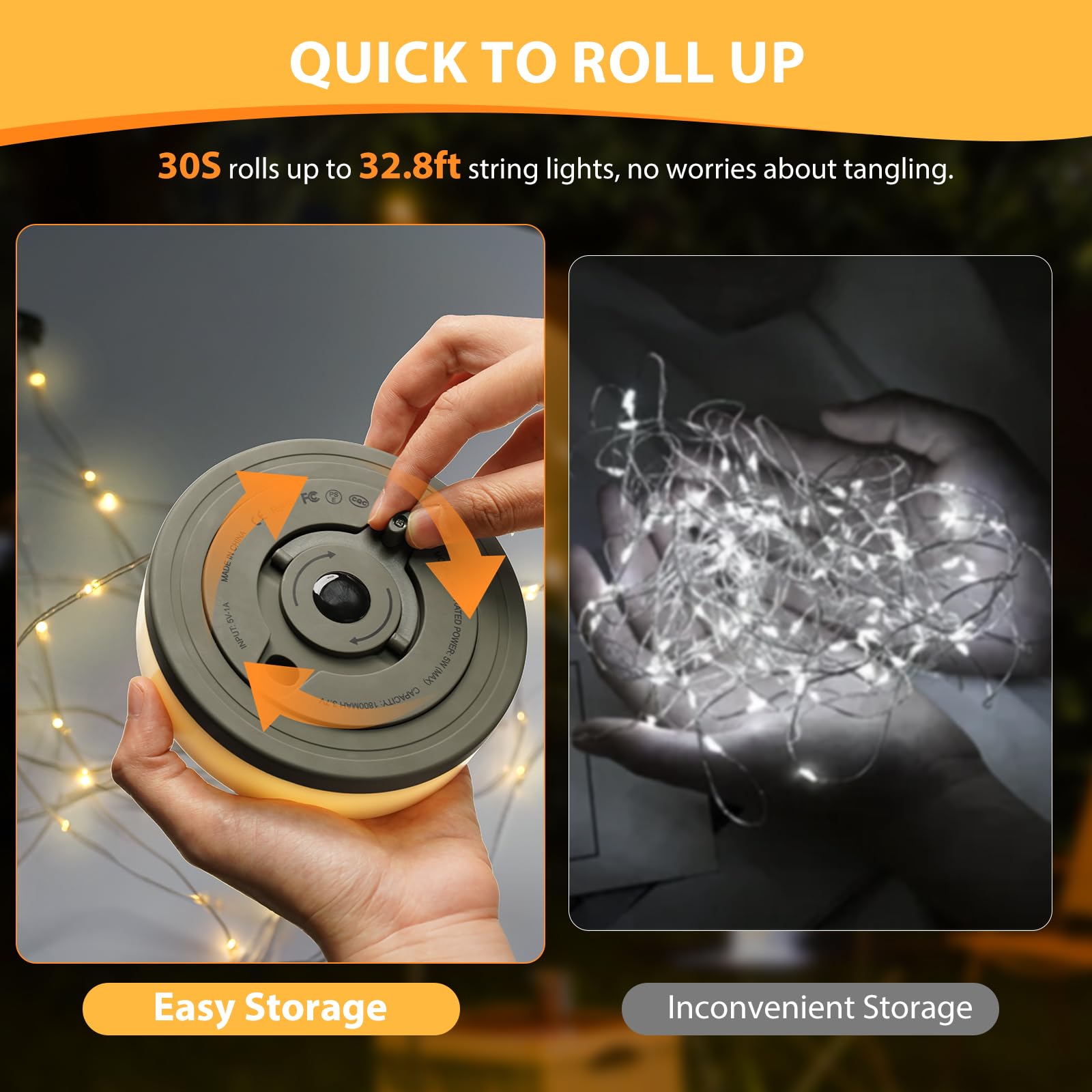 UGDLUCK Camping String Lights, 32.8FT Rechargeable Tent Lamp, 6 Modes, Waterproof, Multicolor, Model CD013