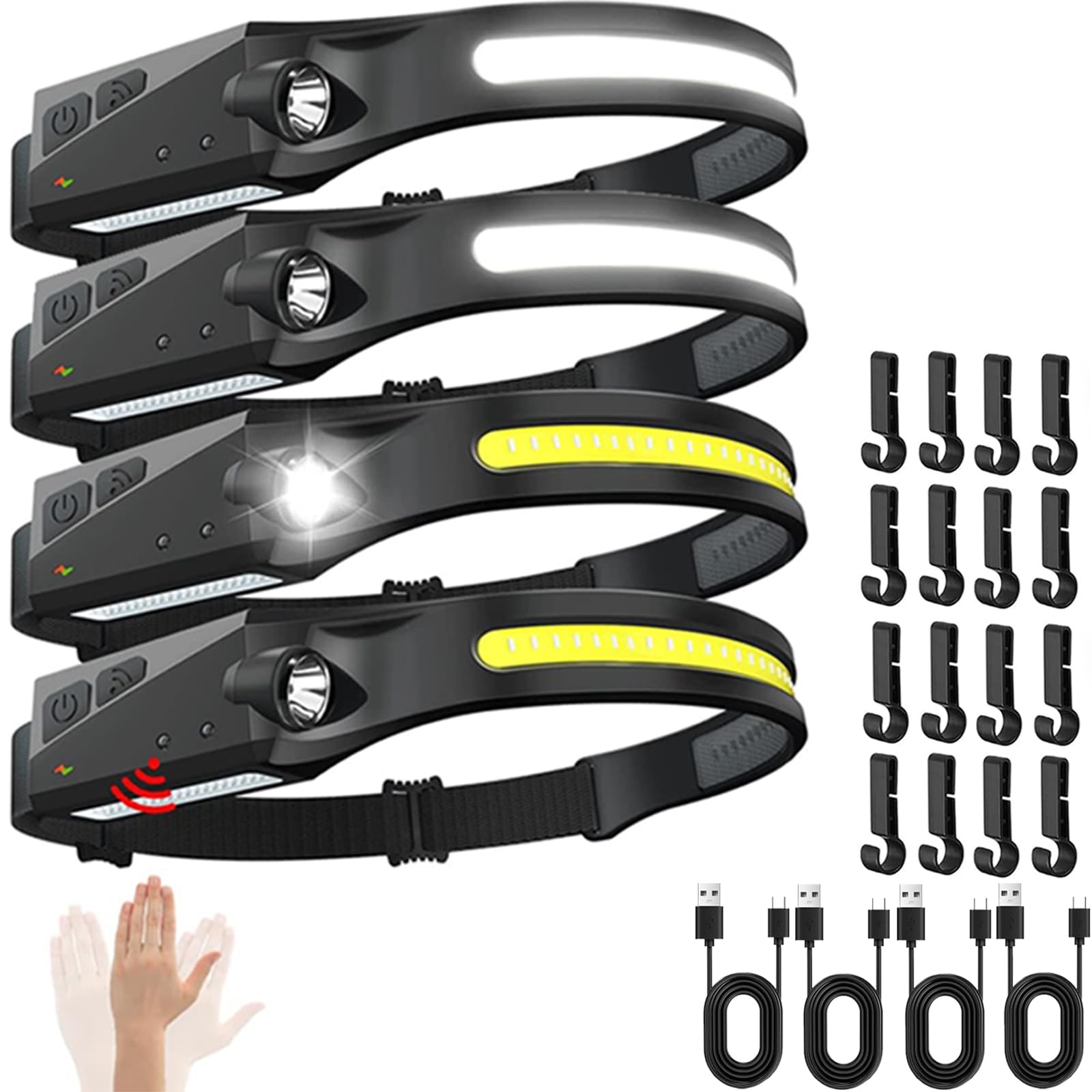 Ewenele Rechargeable Headlamps 4 Packs, 230 Wide Beam LED Headlamp, Powerful Headlight with Motion Sensor for Adults, 5 Modes, H
