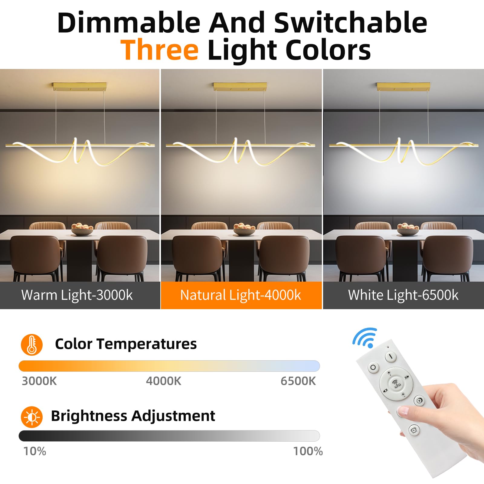Mikeru Modern LED Pendant Light, Dimmable Chandelier, 47in, Aluminum, Gold, Model LX, Adjustable Color Temperature 3000K-6500K