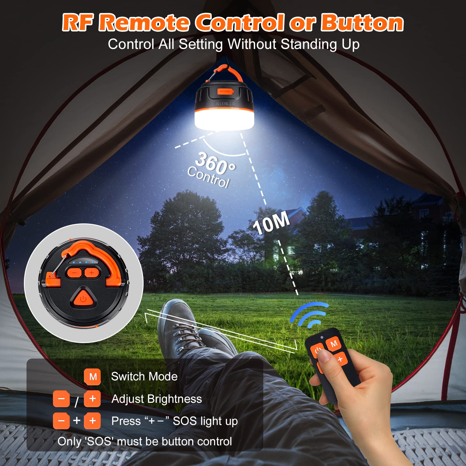 Sinvitron 1000LM Camping Lantern, 5200mAh Rechargeable Light with Remote, 5 Modes, IPX5 Waterproof, Black/Orange, 150H Runtime