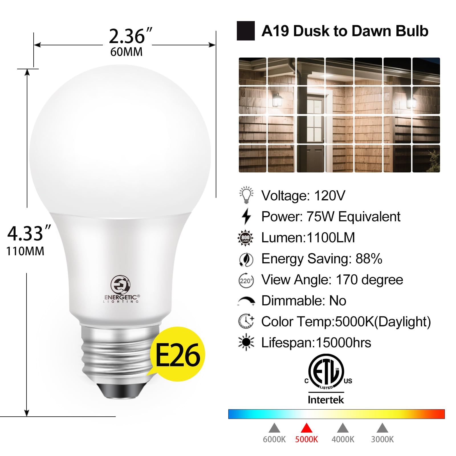 Dusk To Dawn Led Outdoor Light Bulb, 75 Watt Equivalent, 9W 1100 Lumens, 5000K Daylight Led Light Bulbs, E26 Base, Automatic On/