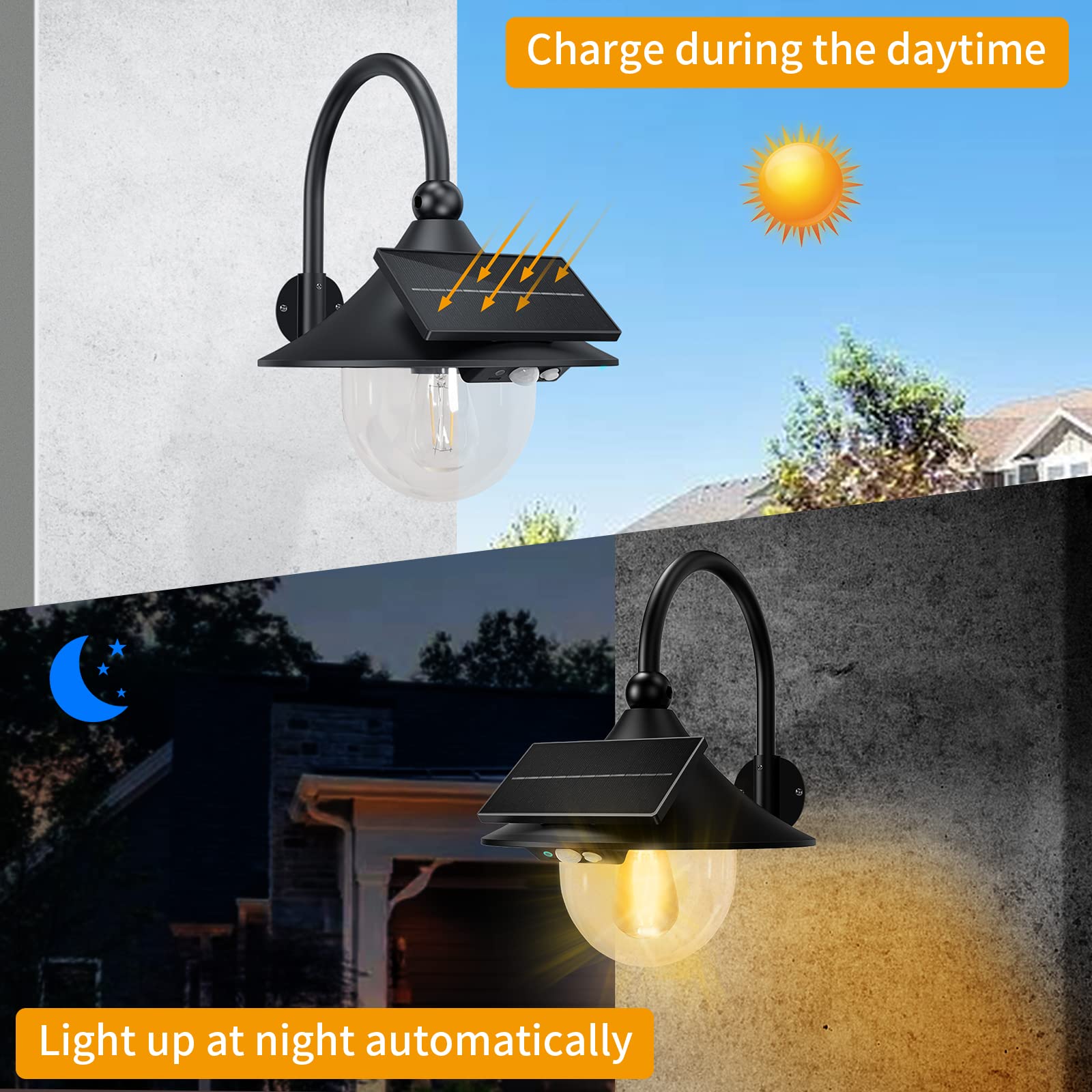 Auzev Solar Lantern Lights - Retro Wall Mount, 3 Modes & Motion Sensor, Waterproof, Black