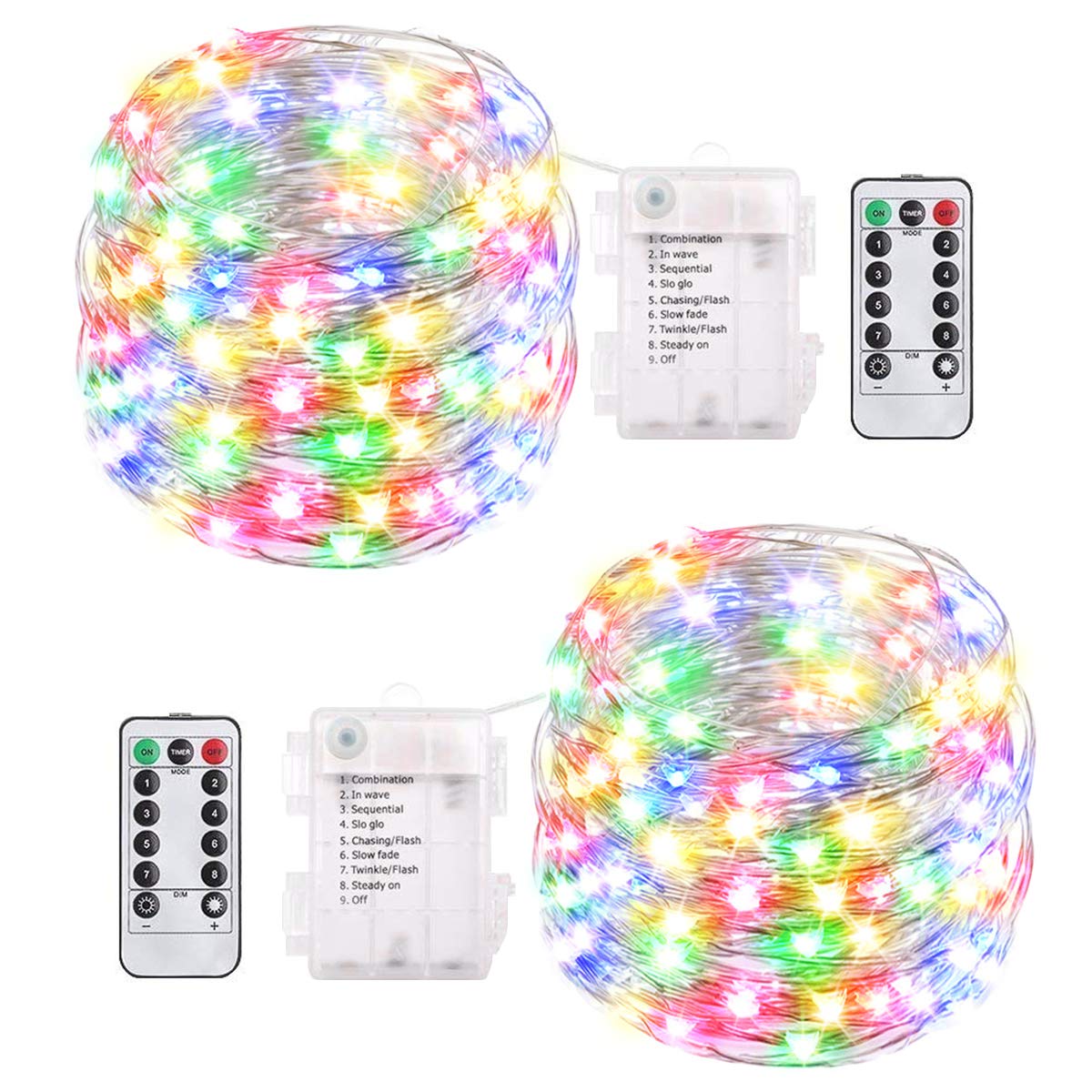 buways 2 Pack 75 LED 24.6ft Battery Operated Fairy String Lights with Remote, 8 Modes Silver Wire Firefly Lights for Christmas Party Bedroom Indoor Outdoor Decor (Multi-Color)