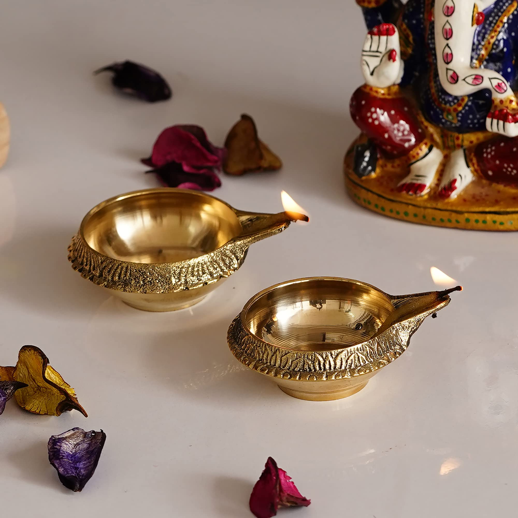 eCraftIndia Set of 2 Golden Decorative Handcrafted Brass Diyas - Auspicious Diyas for Puja Room, Home, Office, Festive Decor - G