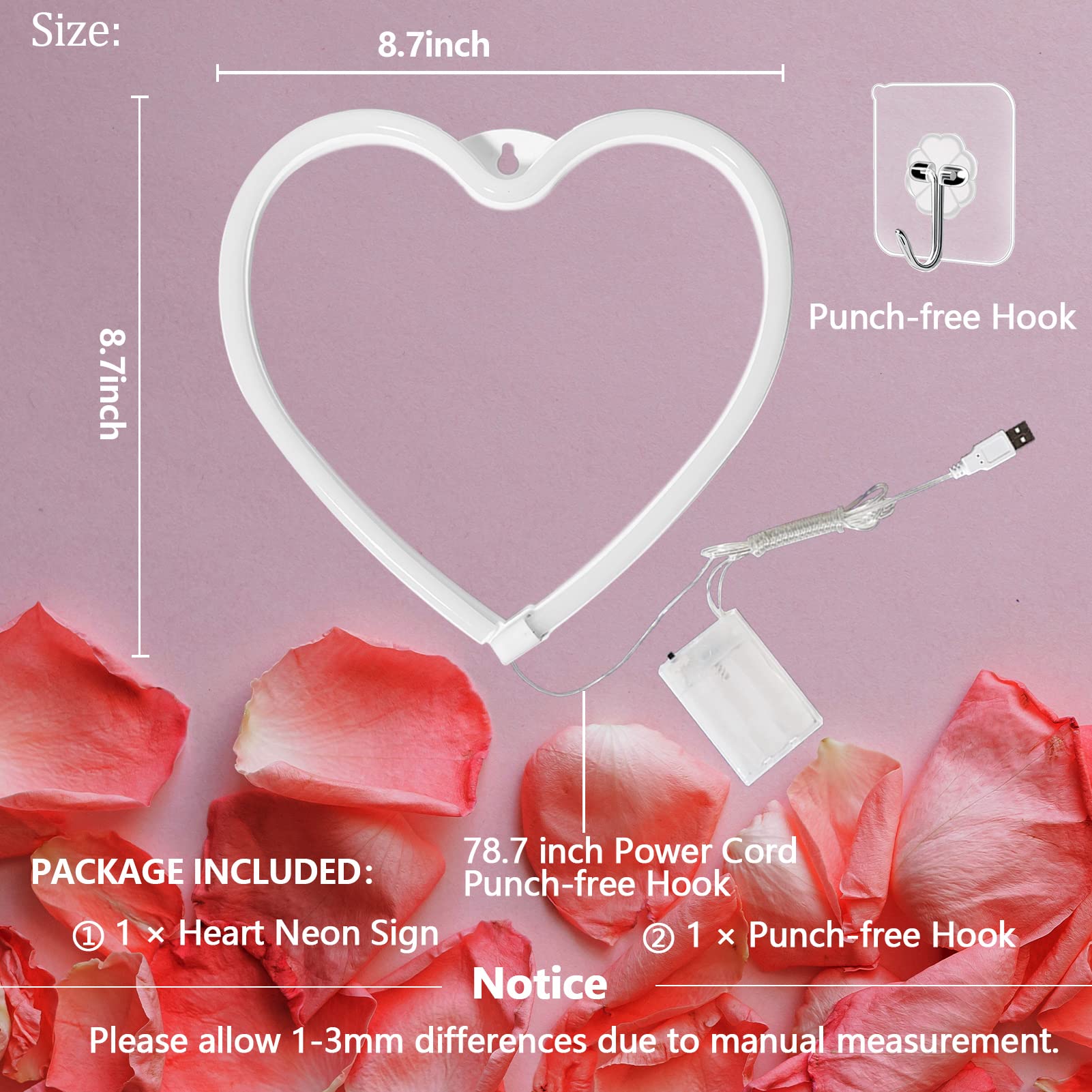 Pink Heart Neon Sign For Bedroom Decoration,Heart Led Light Sign 8.7×8.7 Inch Battery/Usb Powered Romantic Love Heart Neon Light Lamp For Wall Decor Art Kids Girl Room Wedding Party Valentine'S Day