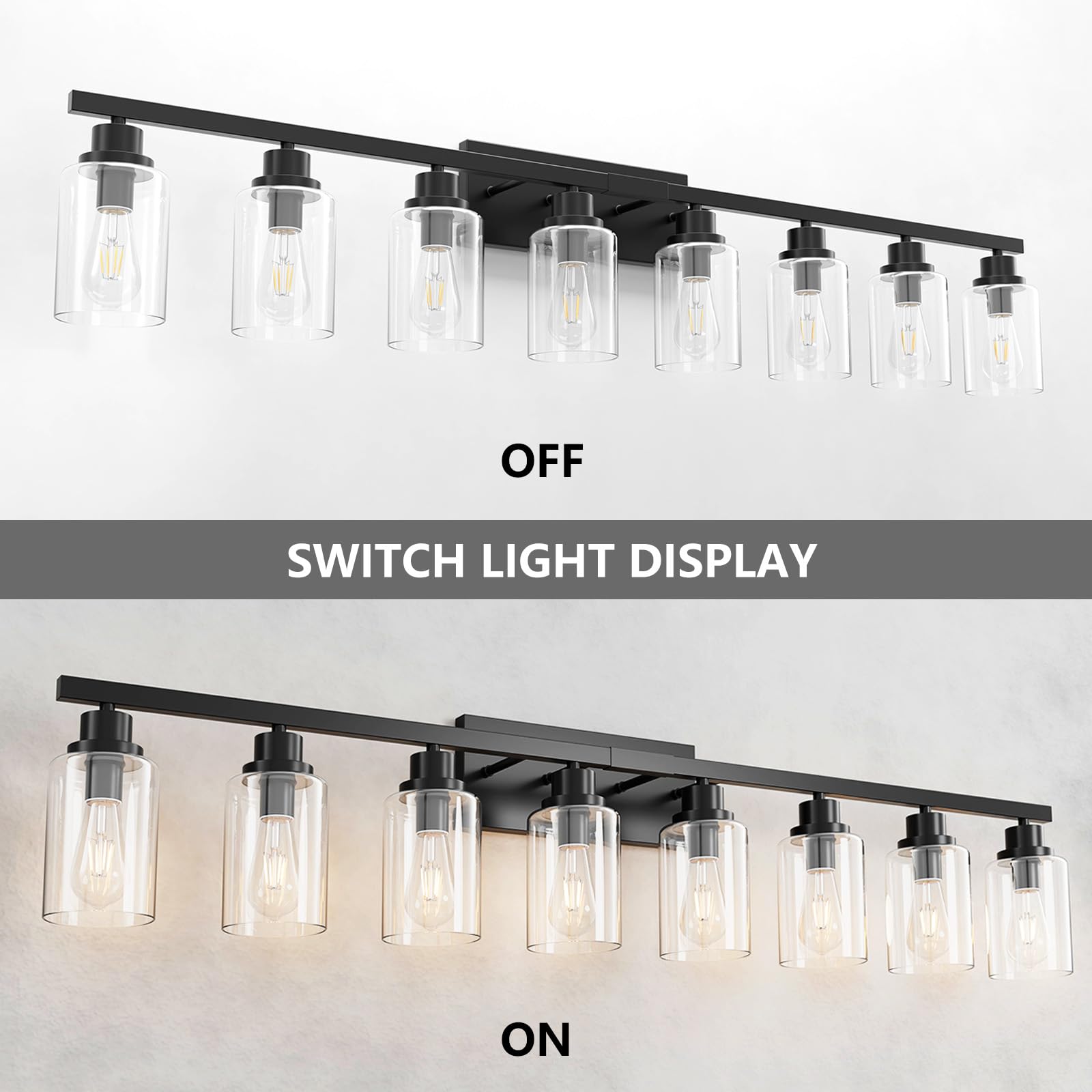 Hccz 8 Light Black Bathroom Vanity Light Fixture  Long Farmhouse Vanity Lights Over Mirror Modern Large Bathroom Lighting Wall Light With Clear Glass Globe For Mirror Living Room Bedroom