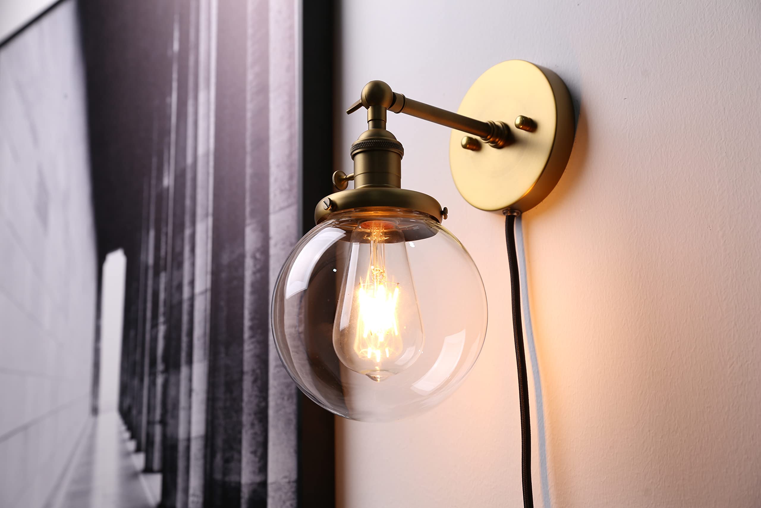 Permo Plug In Sconce On/Off Switch Wall Sconce With 5.9 Round Globe Clear Glass Shade Vintage Industrial 1-Light Wall Lamp Light