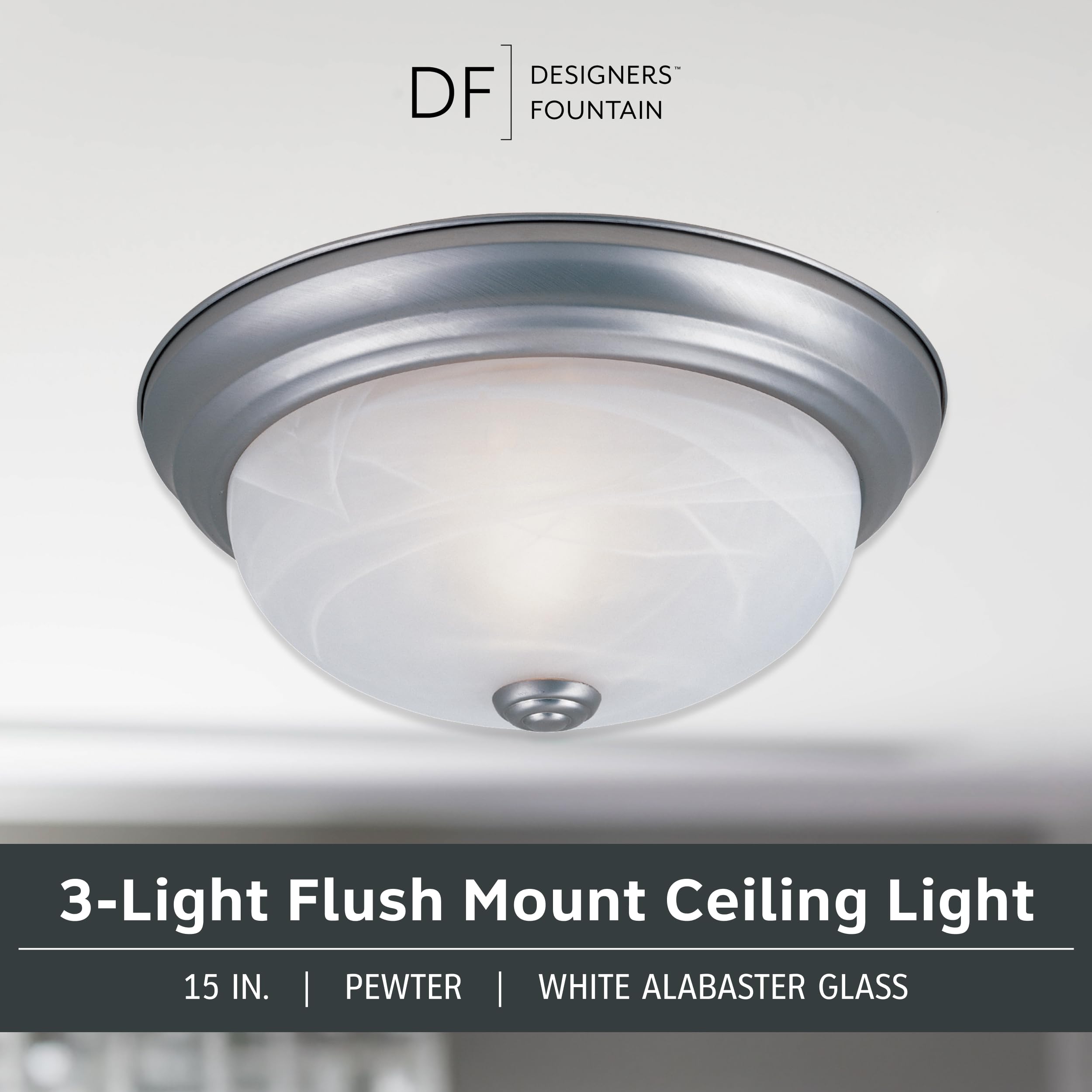 DESIGNERS FOUNTAIN 3-Light Flush Mount Ceiling Light, 15 in, Pewter, Alabaster Glass Shade, Model 1257L-PW-AL