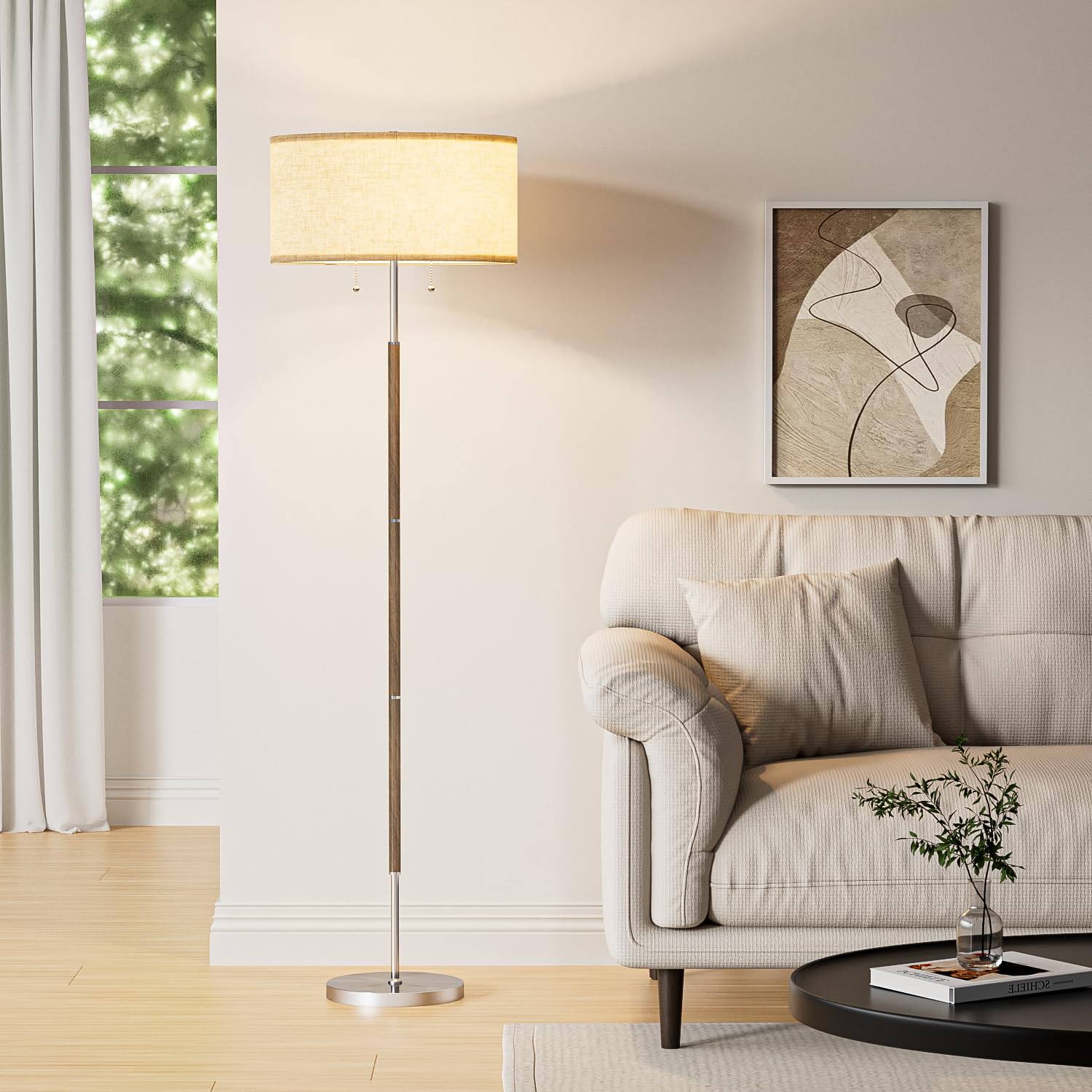 Karjoefar 2-Light Mid Century Floor Lamp with Beige Lampshade, Nickel Silver, 9W Bulb, Ideal for Living Room or Bedroom