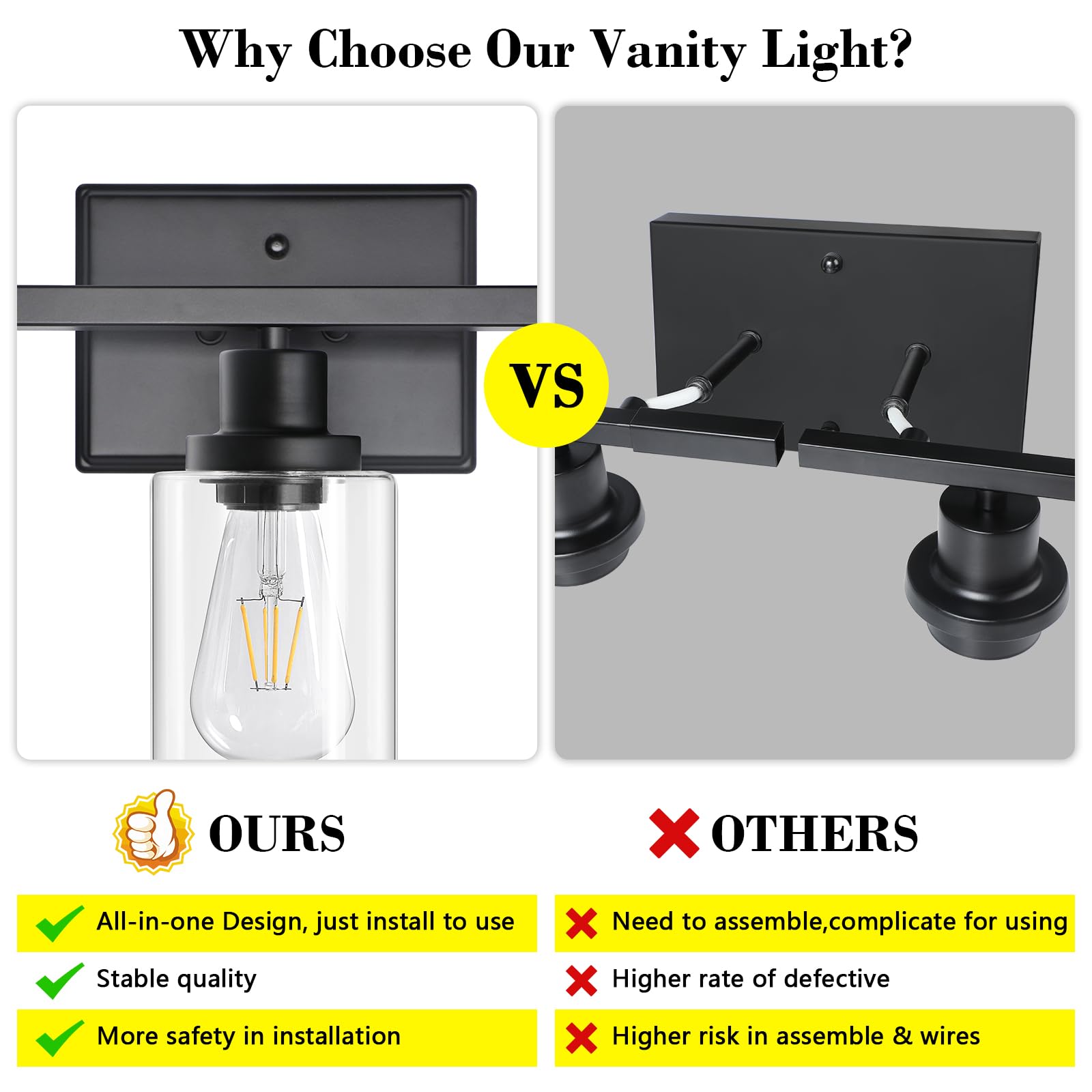 Ascher Bathroom Vanity Light Fixtures, 3 Light Wall Sconces Lighting With Clear Glass Shade, Black Wall Lights For Mirror, Kitch