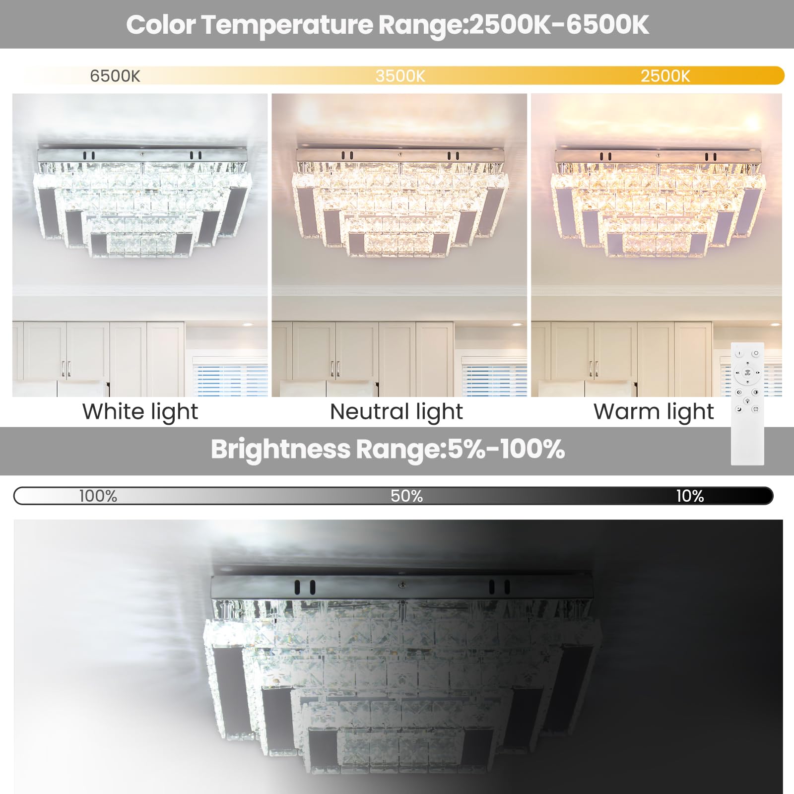 Finktonglan 15&quot; Dimmable Crystal Led Ceiling Light Fixture - Modern 3-Tier Chandelier For Home