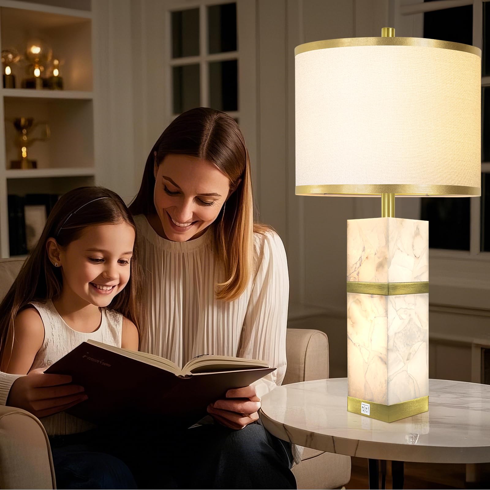 Natural Alabaster Table Lamps Set Of 2 - Table Lamp With Night Light For Bedroom,Nightstand Lamps With Usb Ports,Bedside Lamps W