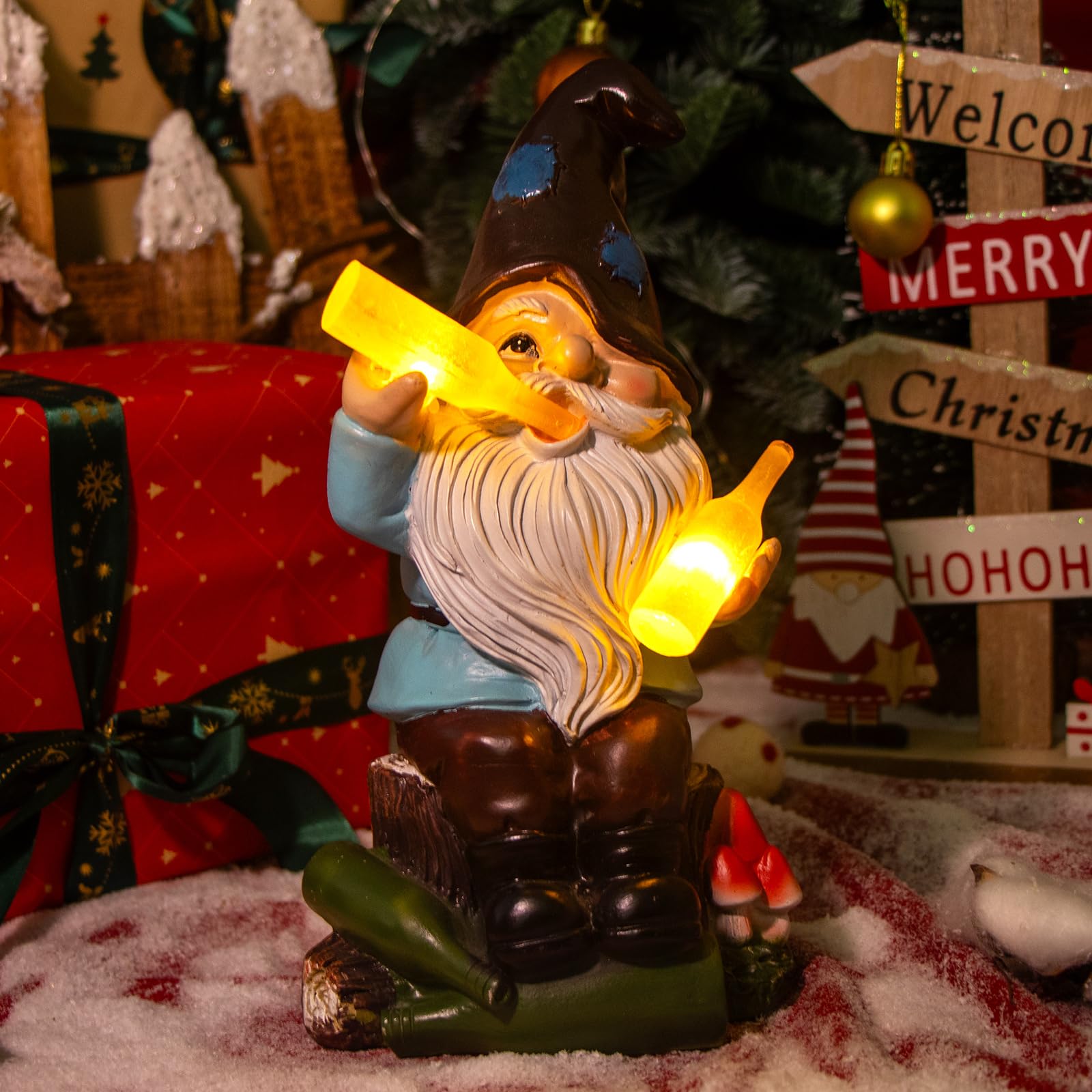 DKJOCKY Garden Gnomes Statues,Resin Knomes Figurine with Succulent Wreath Solar 6 LED Lights,Outdoor Statues Garden Decor for Pa