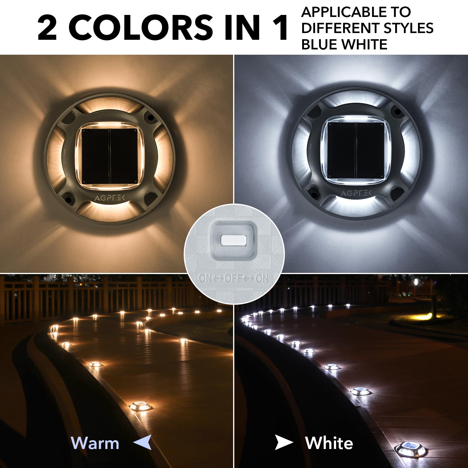Agptek Solar Driveway Lights Outdoor 24 Pack, 2 Color Modes Led Deck Dock Marine Waterproof Driveway Marker Lights For Step Side