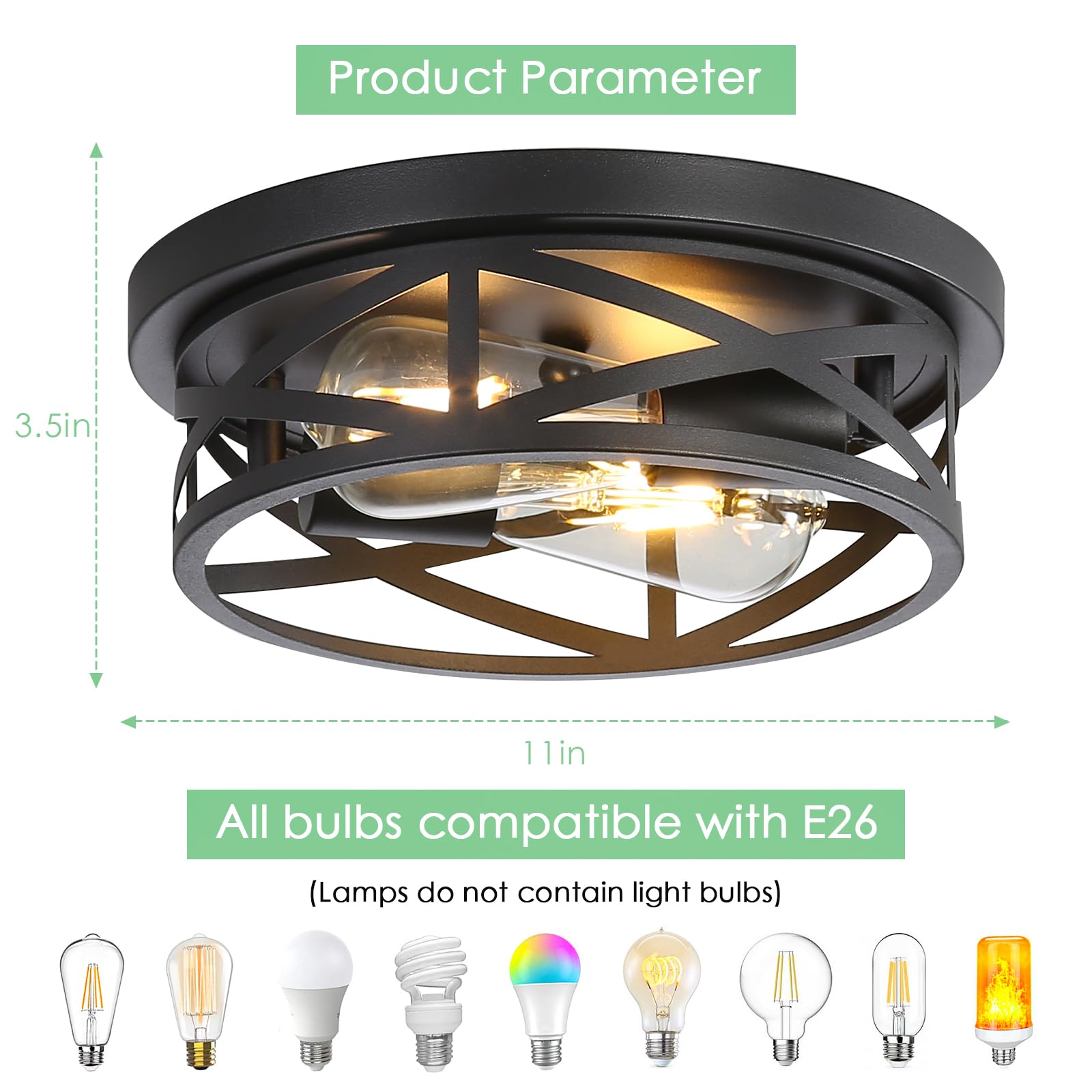 Youroke Farmhouse Flush Mount Ceiling Light Fixtures, Industrial Close To Ceiling Light 2-Lights, 11 Inch Metal Black Cage Rusti