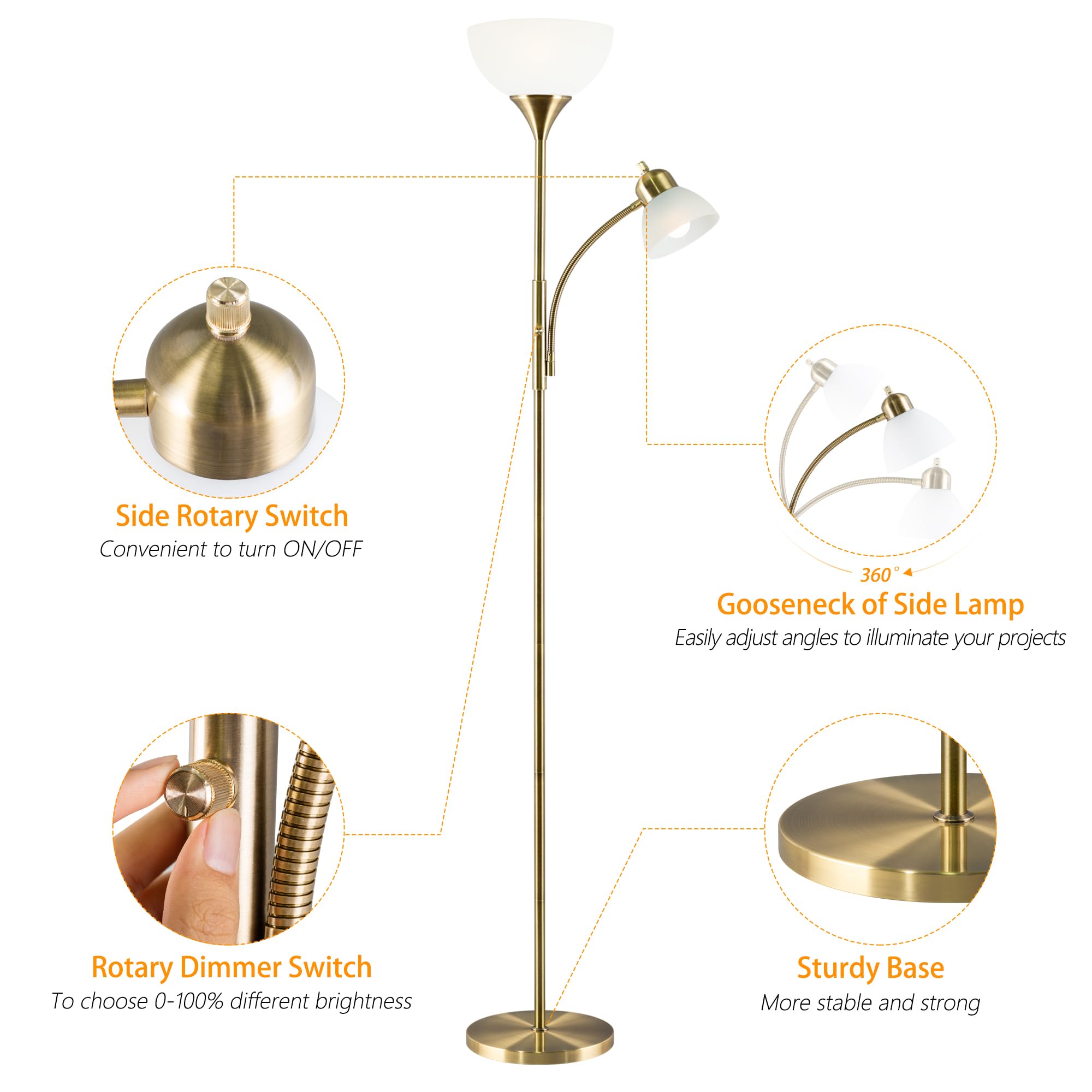 Floor Lamp, Dimmable Standing Lamp, 3 Levels Dimmable Brightness, Included 9W And 5W Led Bulbs, Industrial Floor Lamp For Living
