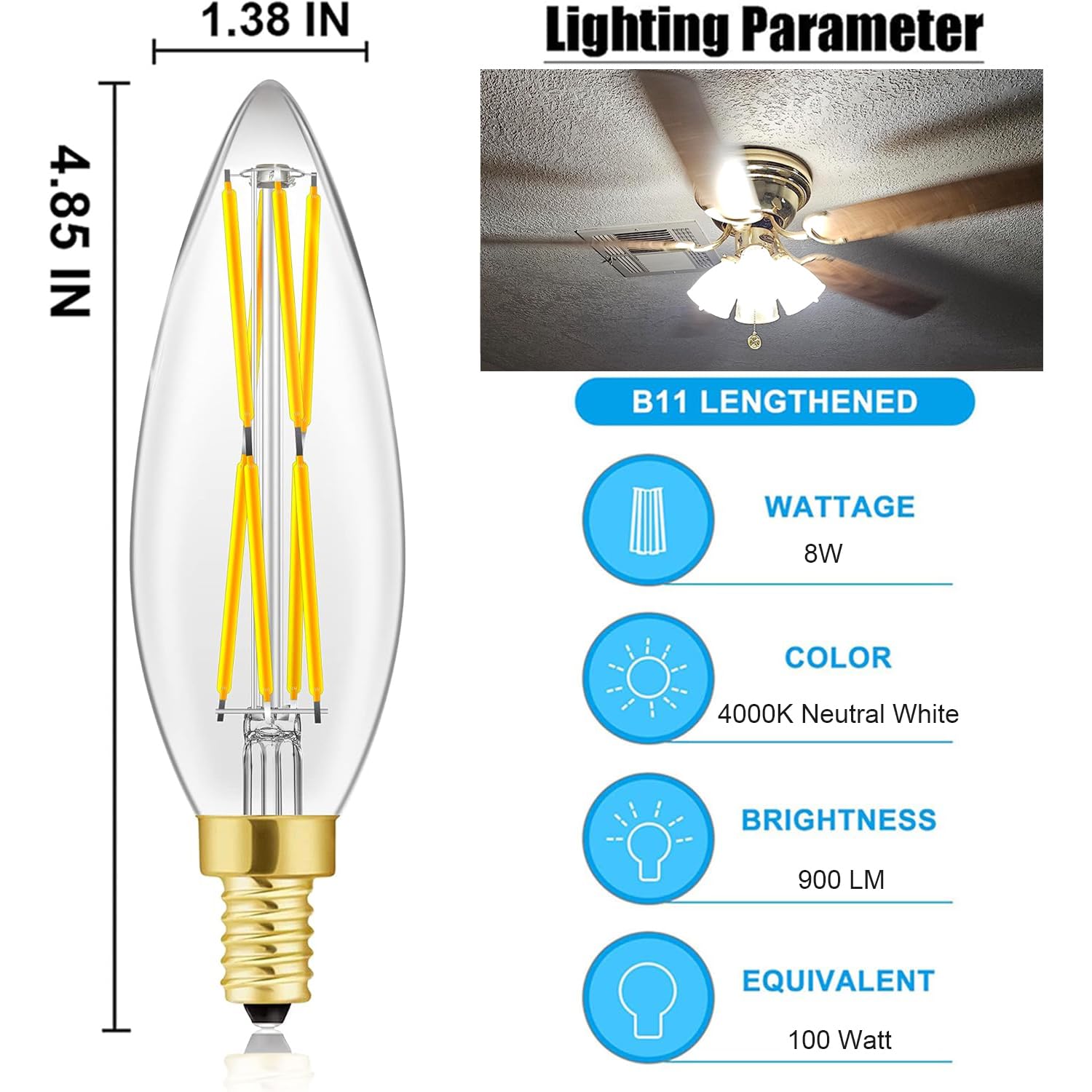 E12 Candelabra Light Bulbs 8W,Equal 100 Watt Dimmable Led Bulbs,4000K Daylight Led Candle Bulb,Chandelier Light Bulbs 4.85In,Led