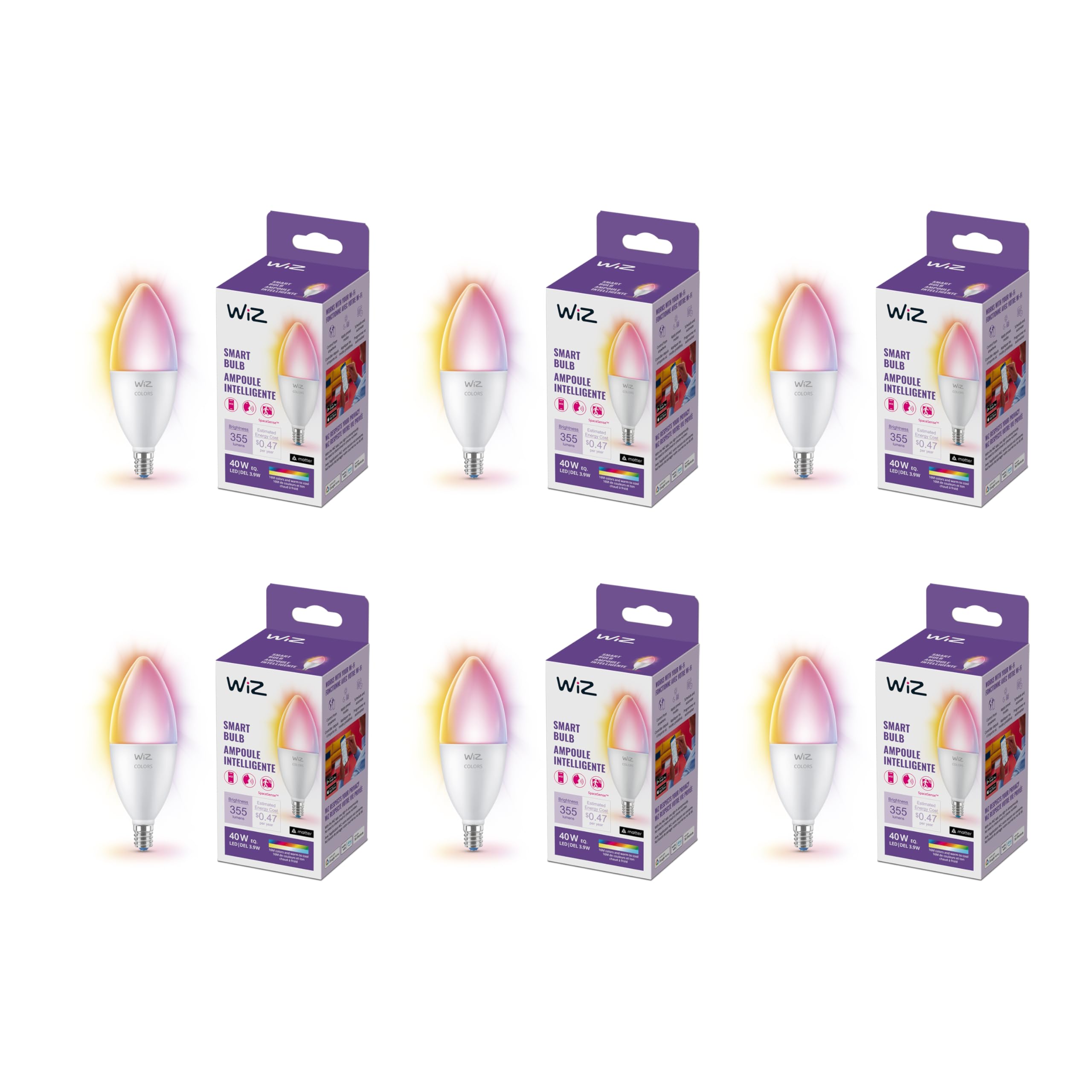 Wiz 40W B12 Color Led Smart Candle-Shaped Bulb - Pack Of 6 - E12- Indoor - Connects To Your Existing Wi-Fi - Control With Voice 