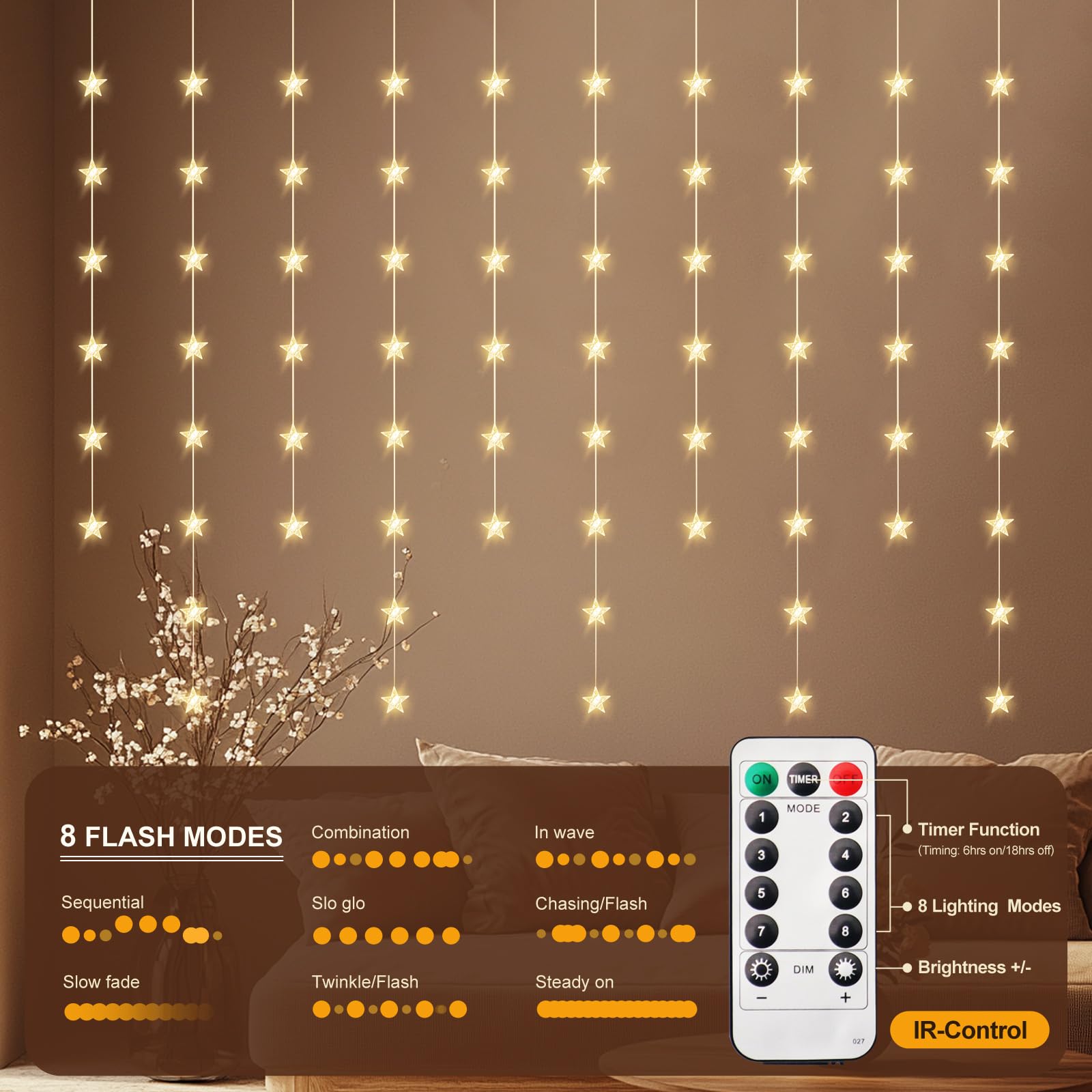Patioman Star Curtain Lights, Warm White LED Twinkle String Lights, 70 Stars, Remote Control, Model PMFL02