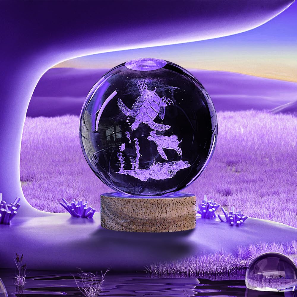 3D Sea Turtle Crystal Ball Night Light With Woodern Base, 3.15 Sea Turtle Glass Ball Lamp 16 Colors With Remote Control Sea Turt