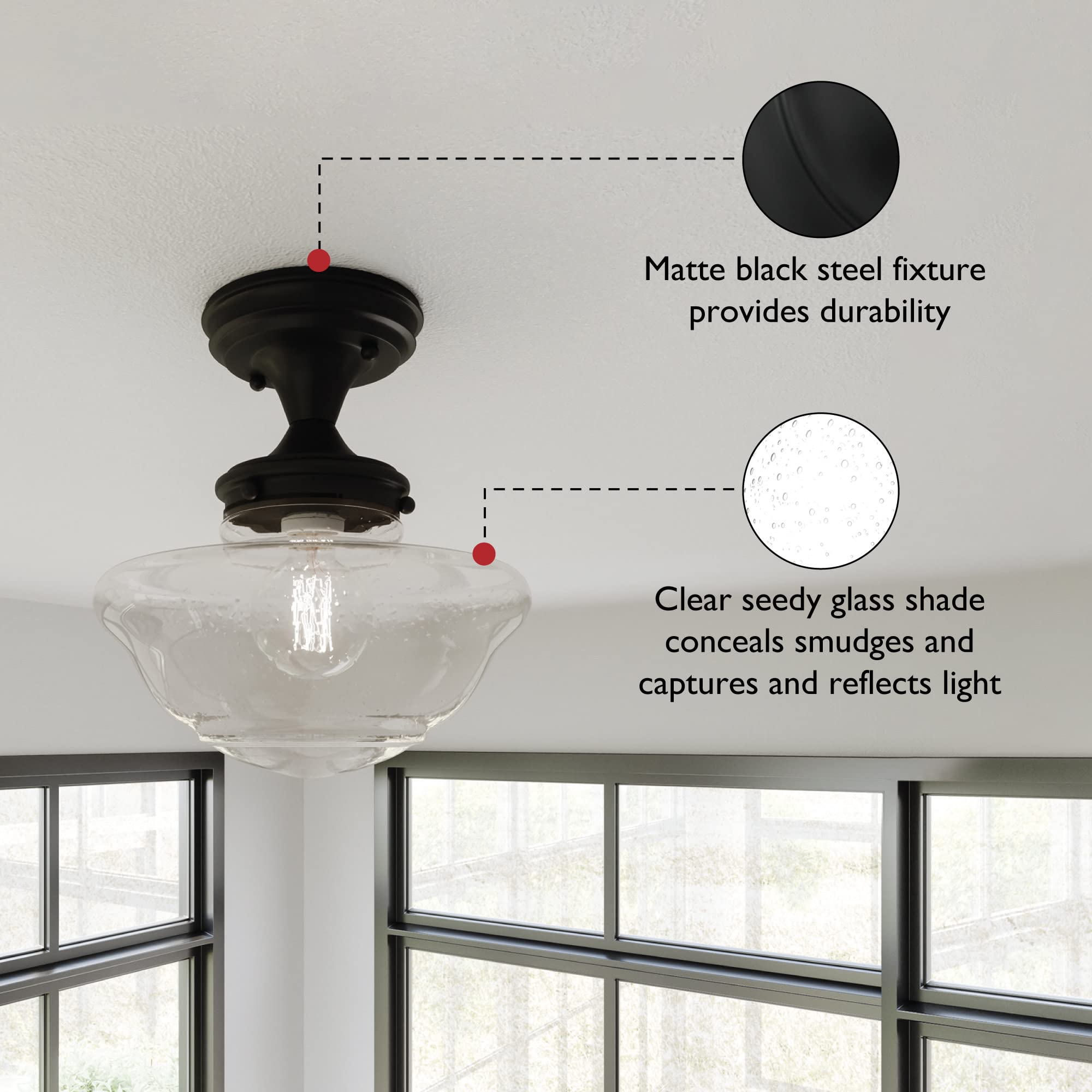Design House Vintage-Inspired Schoolhouse Pendant Light, 9 in x 9 in x 47 in, Satin Gold, Clear Seeded Glass Shade, 587451