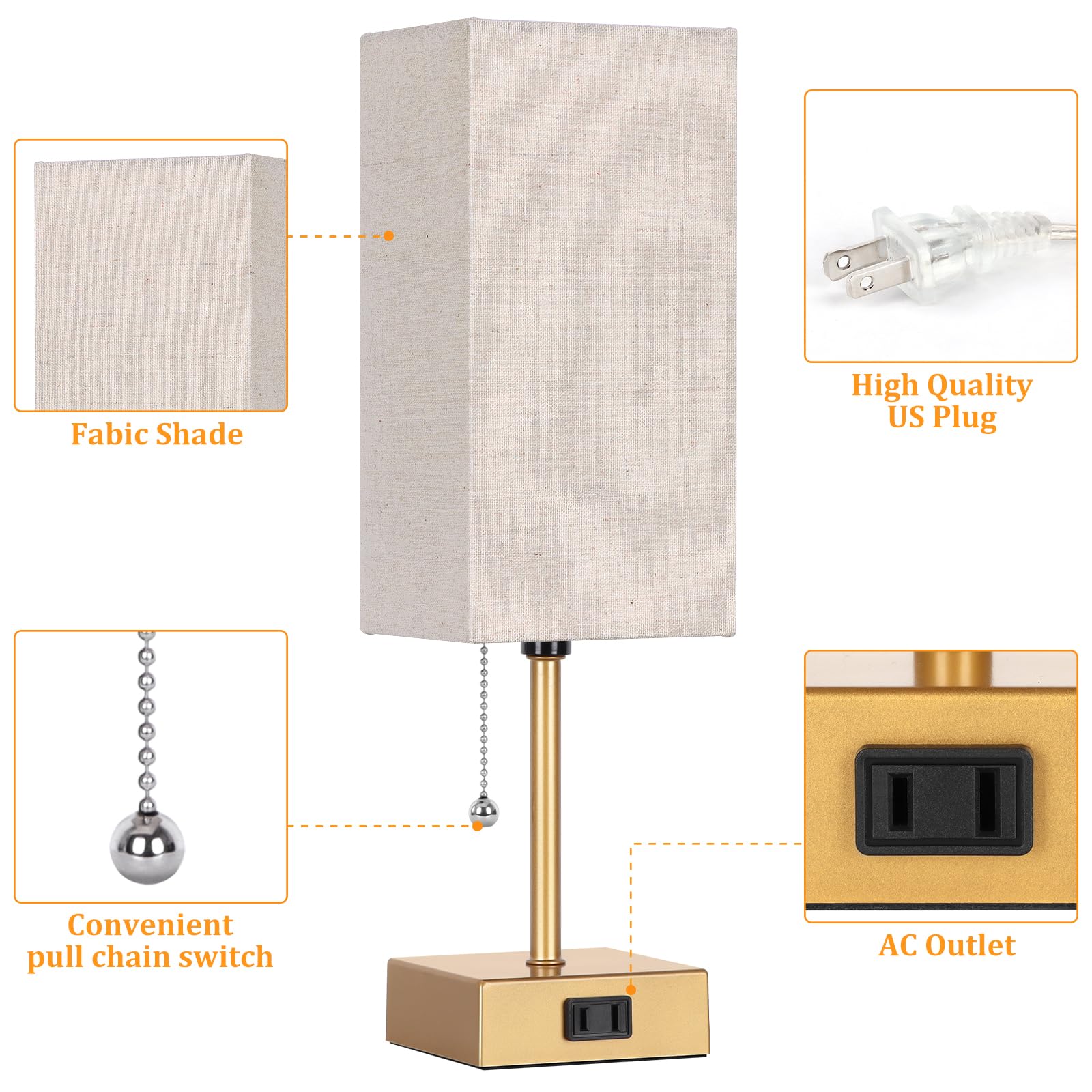 Dott Arts Table Lamp Set of 2, 15 inch Gold Linen Metal, 3-Color with Pull Chain, Includes 2 Bulbs, Model PTL6W-030