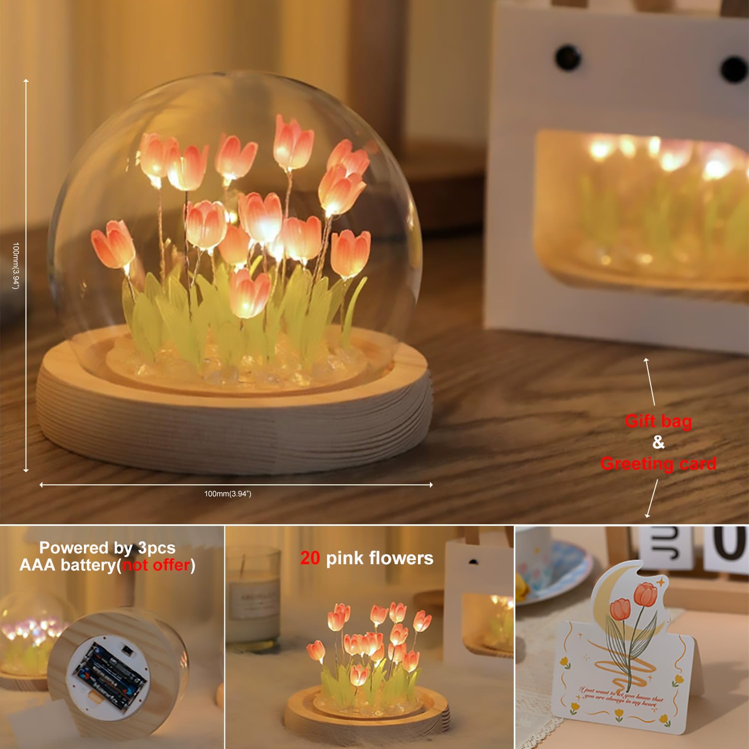 (20 Flower) Birthday Gifts For Mom, Assembled Tulip Lamp Night Light With Glass Dome,Handmade Artificial Flower Table Lamp Bedro