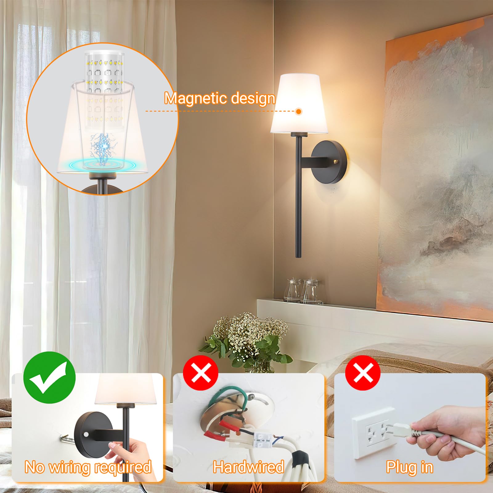 Nekhung Battery Operated Wall Sconces Set of 2, 21" Black Metal, RGB Rechargeable Bulb with Remote Control, No Electrician Required