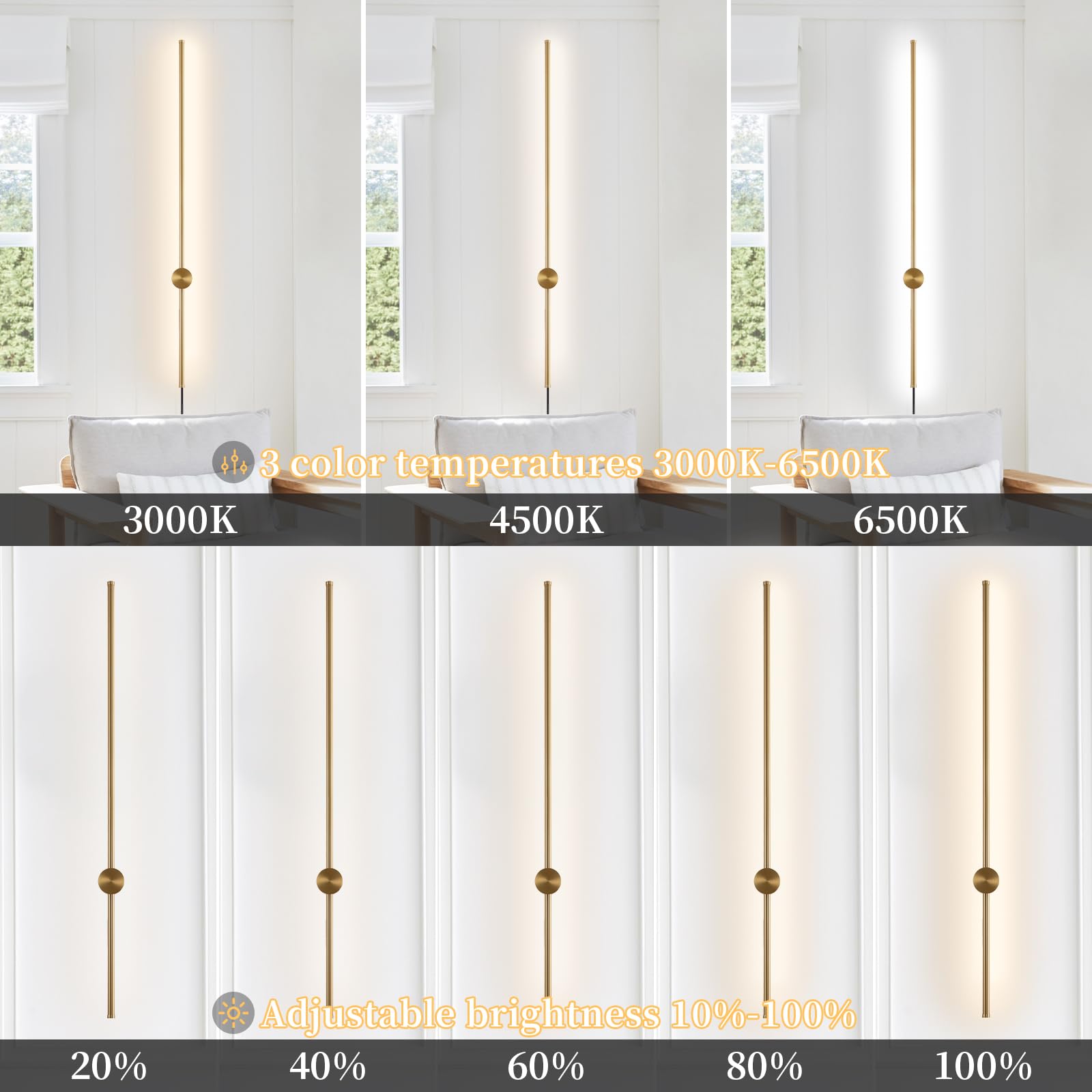 KELUOLY Dimmable Wall Sconce Set of 2, 39.37" LED Light, Gold, Remote Control, Adjustable Brightness for Living Room & Bedroom