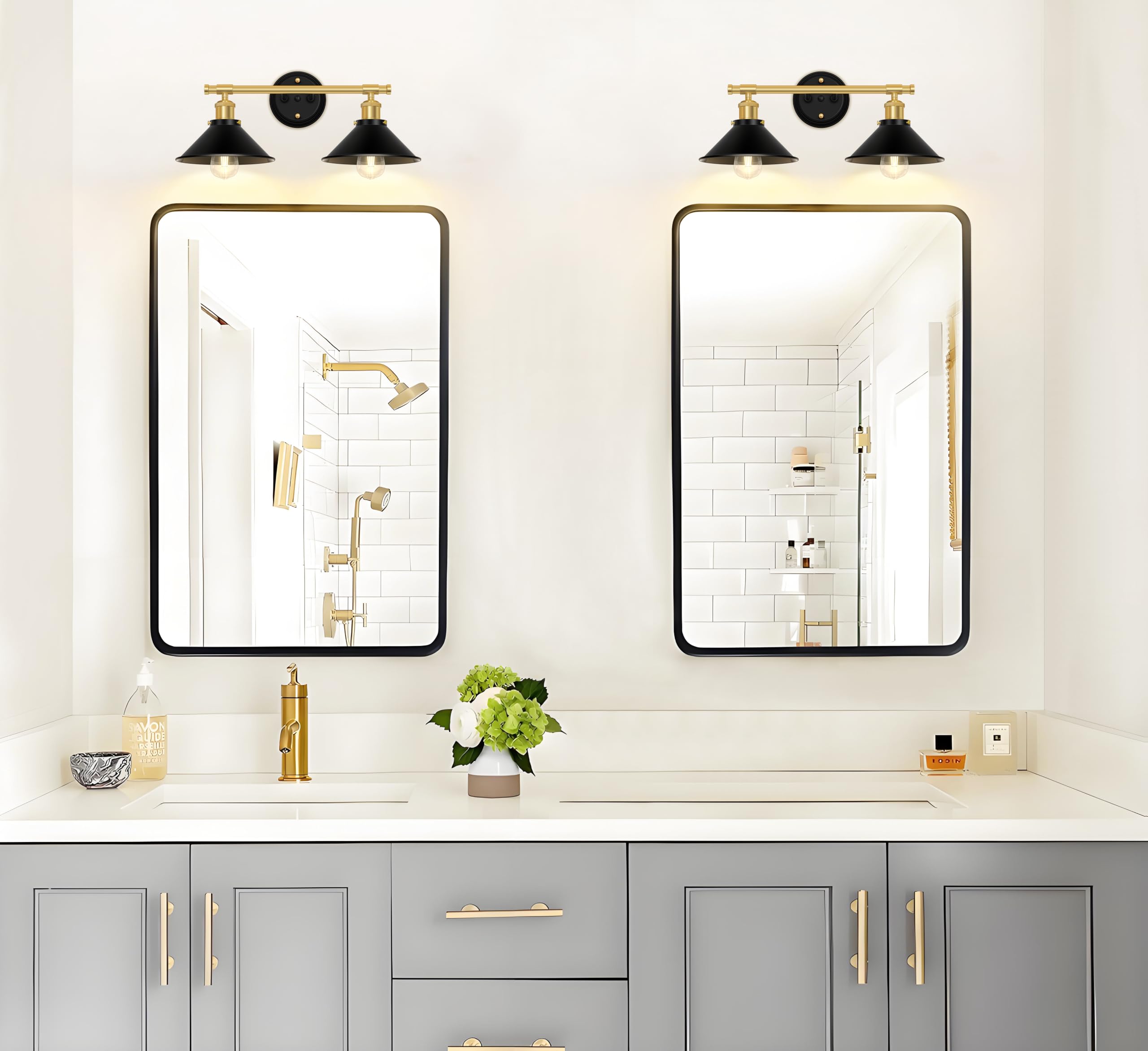 Licperron 2-Light Vanity Light Fixtures, Metal, Black & Gold, Industrial Design for Bathroom, Kitchen, Bedroom, Hallway