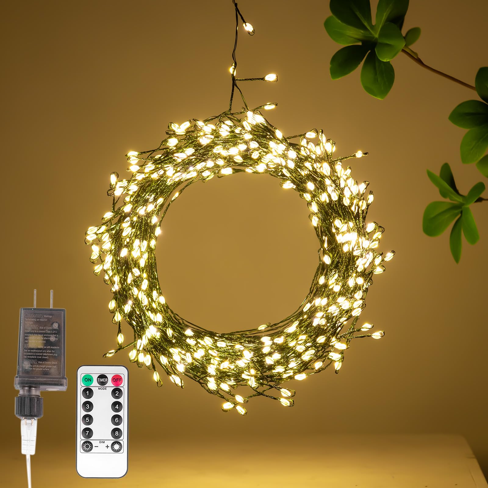 Zeluxdot 50Ft Fire er Fairy Lights, 500Leds Waterproof Twinkle Lights, Warm White, Green Wire, Remote With 8 Modes For Indoor/Outdoor Decor