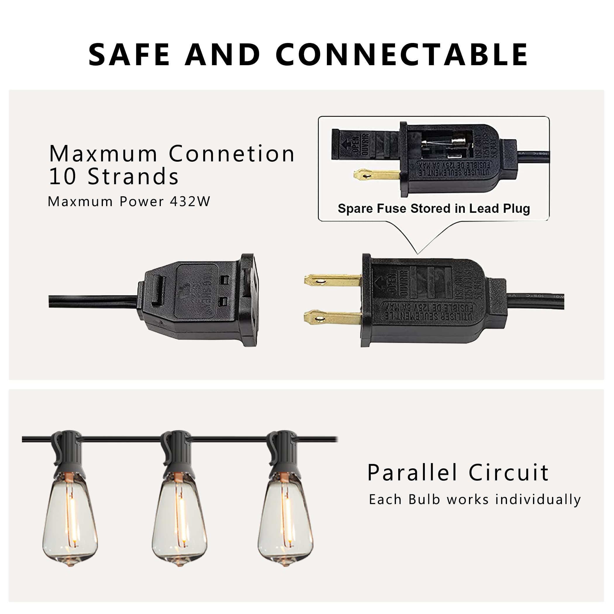 DAMAING Outdoor String Lights 150 FT with 75 Dimmable ST38 Bulbs, Black Plastic, Waterproof, Vintage Edison Style