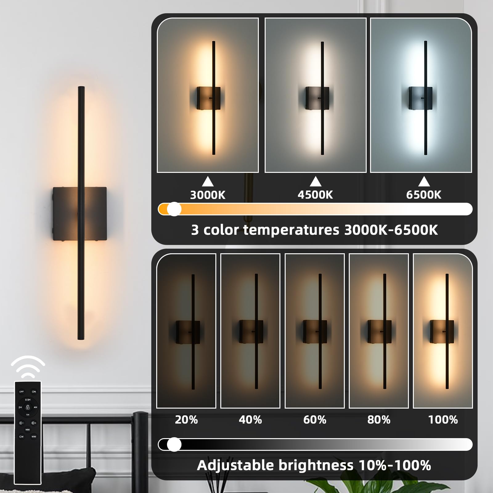 Ovyiech Battery Operated Wall Sconces Set Of 2, Black Rechargeable Wall Sconce With Remote Control, 3000K-6000K Dimmable Led Wir