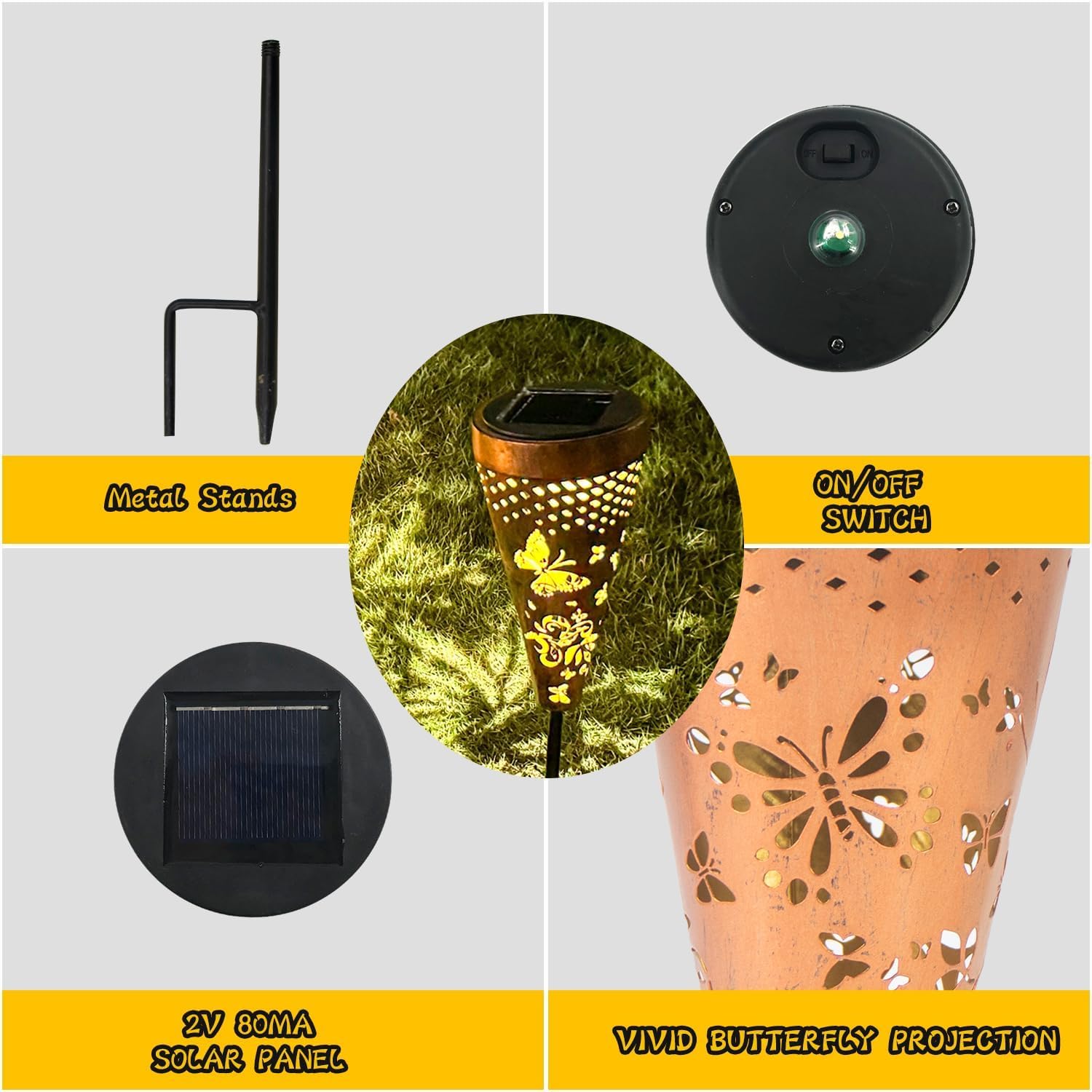 Dibieecn 4 Pack Butterfly Solar Garden Pathway Lights Outdoor,Metal Garden Decorations Outdoor Lights With Patterns And Warm Lig