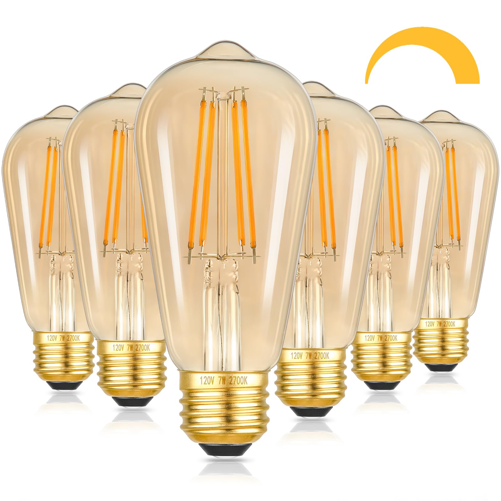Kondras 7W Dimmable Led Light Bulbs, 60Watt Equivalent Edison Bulbs, St58 Amber Glass Vintage Led Bulbs, Warm White 2700K, E26 B
