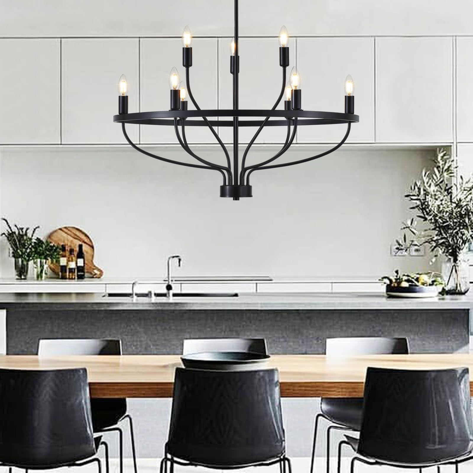 Widluth Industrial Black Chandelier, 30in Vintage 9-Lights Candle Style Fixture for Dining Room, Kitchen, Living Room, Bedroom
