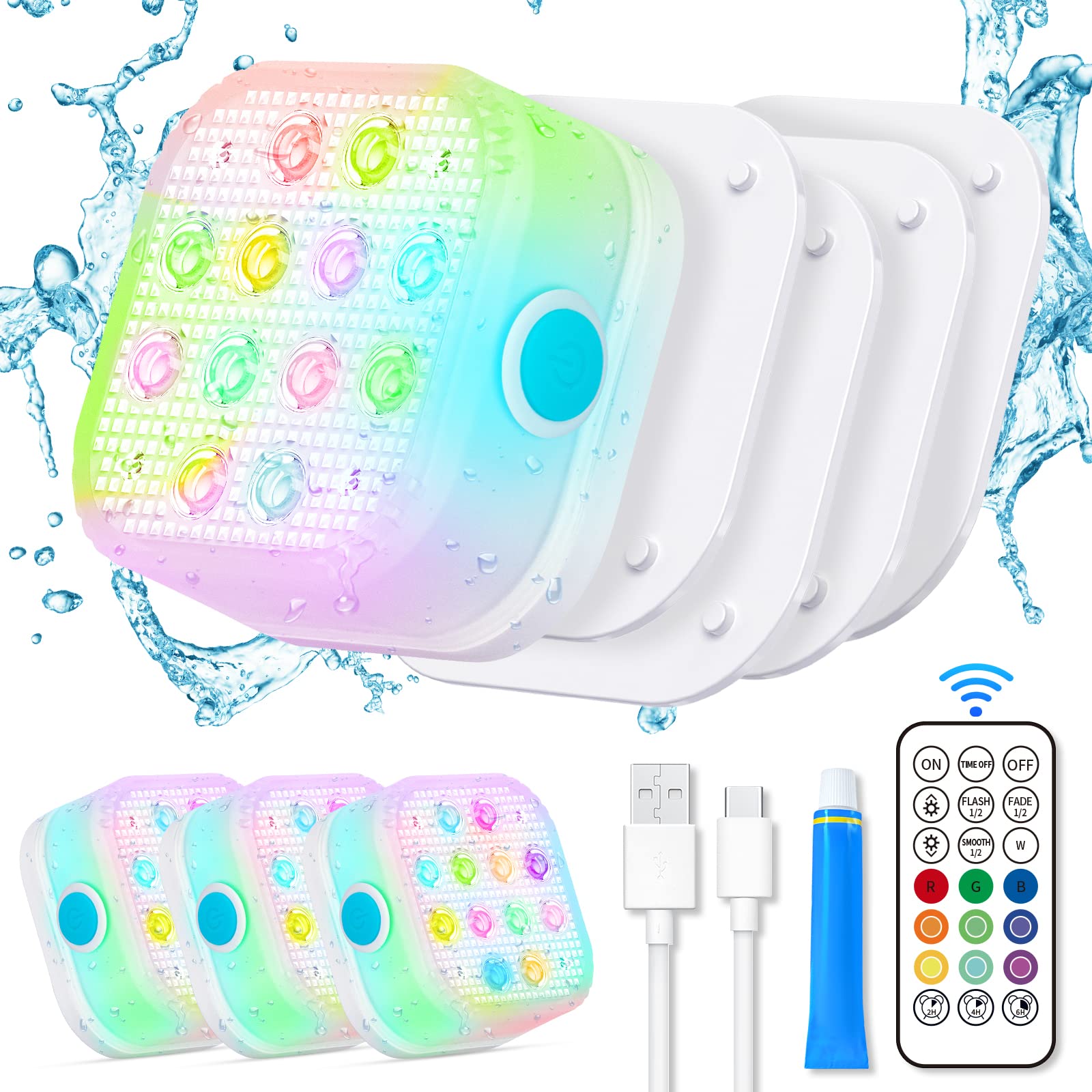 VIDOME Rechargeable Pool Lights - IP68 Waterproof LED Lights with Remote, 16 Color Changing, 4 Set for Bathtubs, Ponds, Party Decor