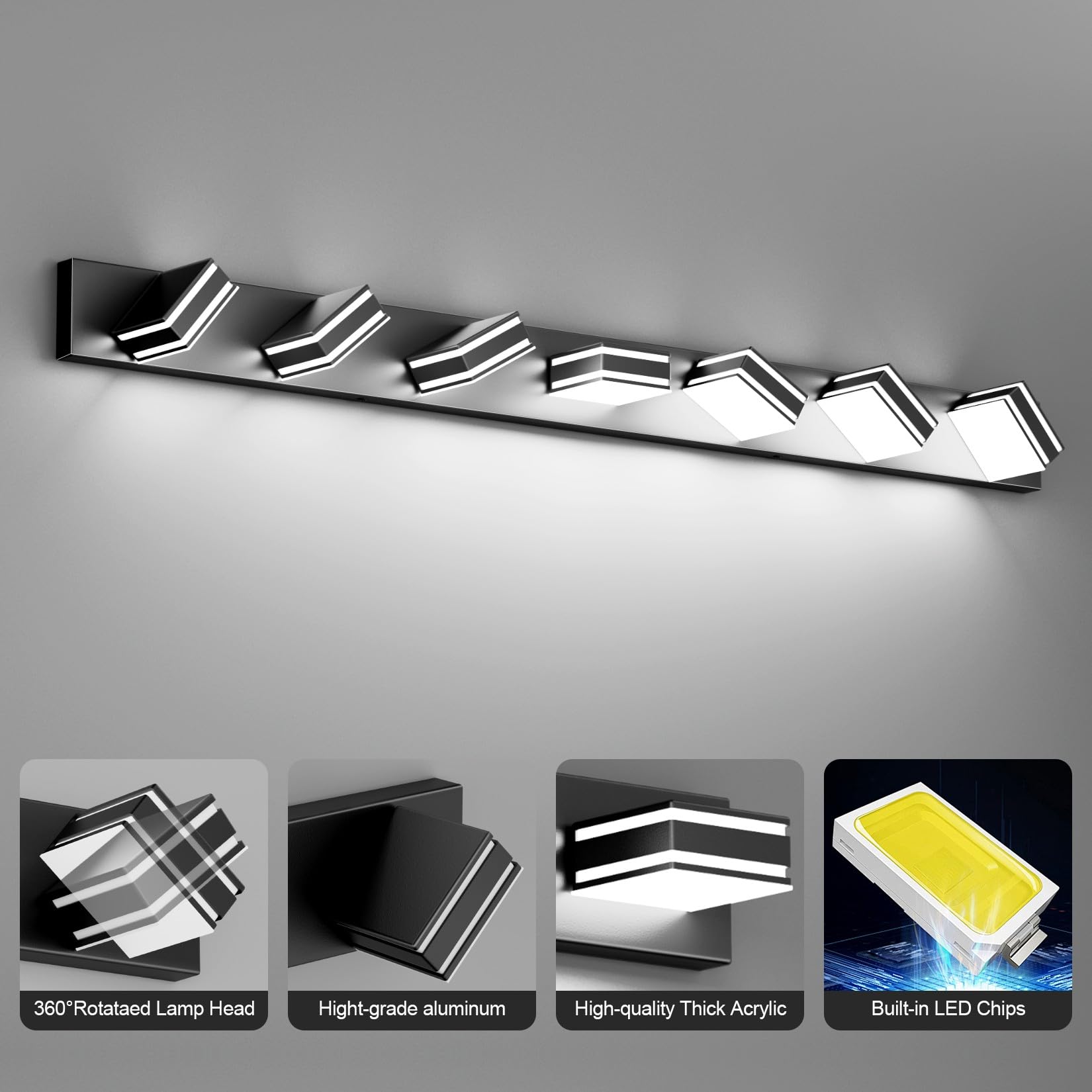 Ralbay 55Inch Black Vanity Light For Bathroom 7-Light Led Modern Acrylic Matte Black Bathroom Wall Vanity Lighting Fixtures Over