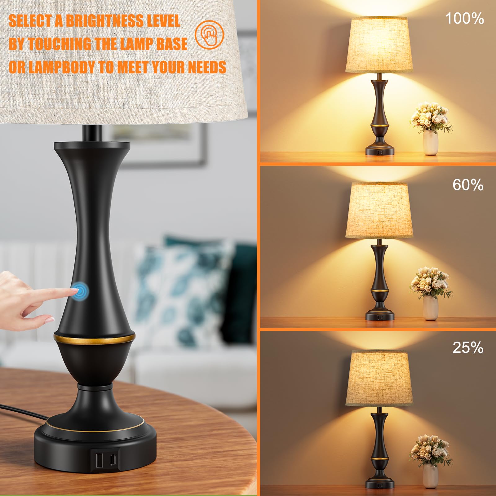 Seealle Upgraded Touch Lamps Set of 2 - 3 Way Dimmable Bedside Lamps with USB C+A, Beige Shade & Black Base