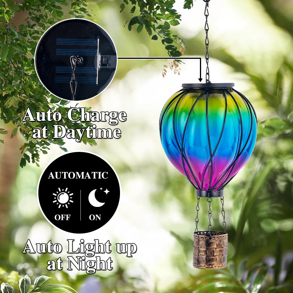 Giole Gradient Color Solar Hot Air Balloon Outdoor Lantern With Flickering Flame Hanging Outdoor Lantern Waterproof Decorative L