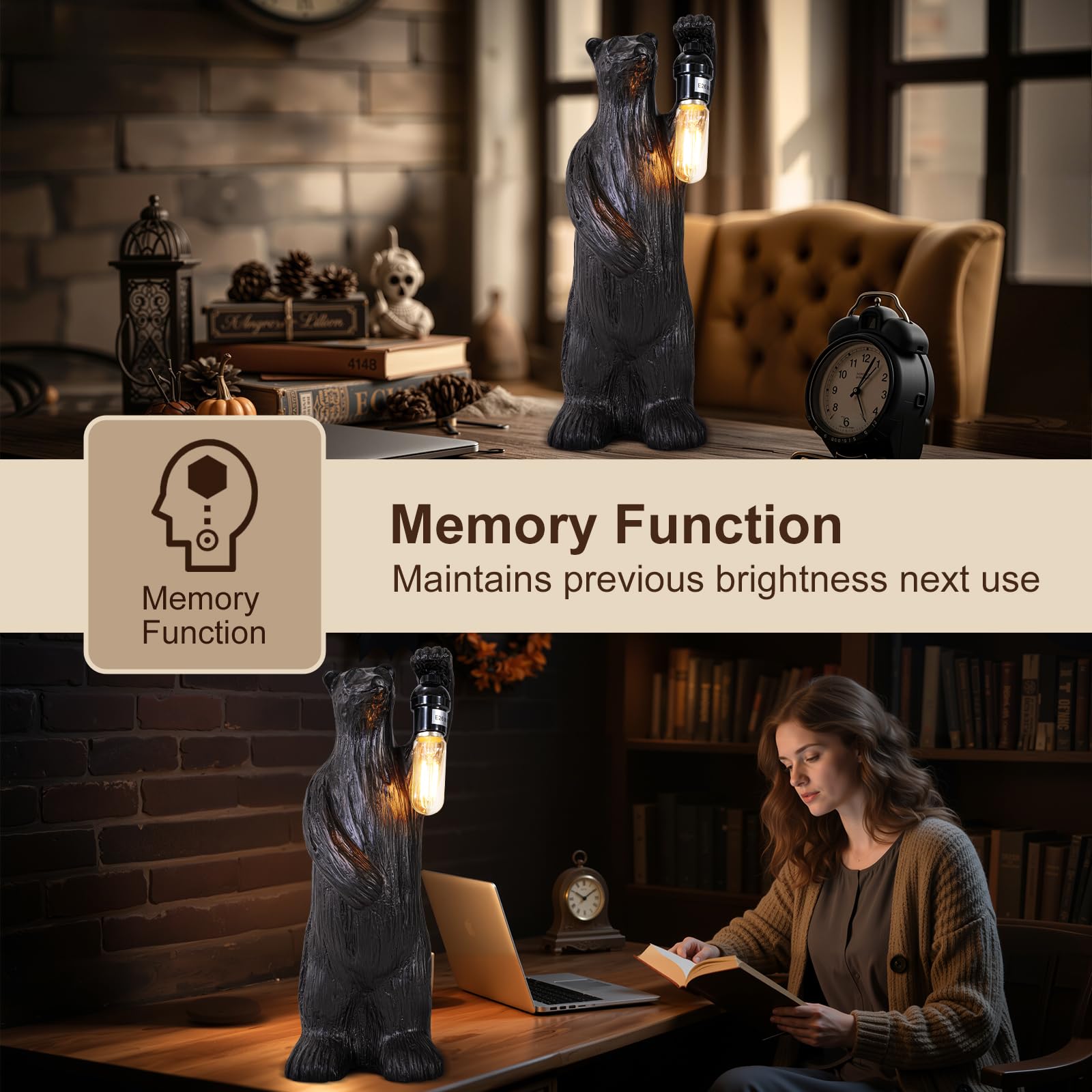 Scenekoy Bear Table Lamp For Living Room Bedroom, Memory Function, 3 Way Cycling Dimming, Resin Gothic Style Bedside Nightstand