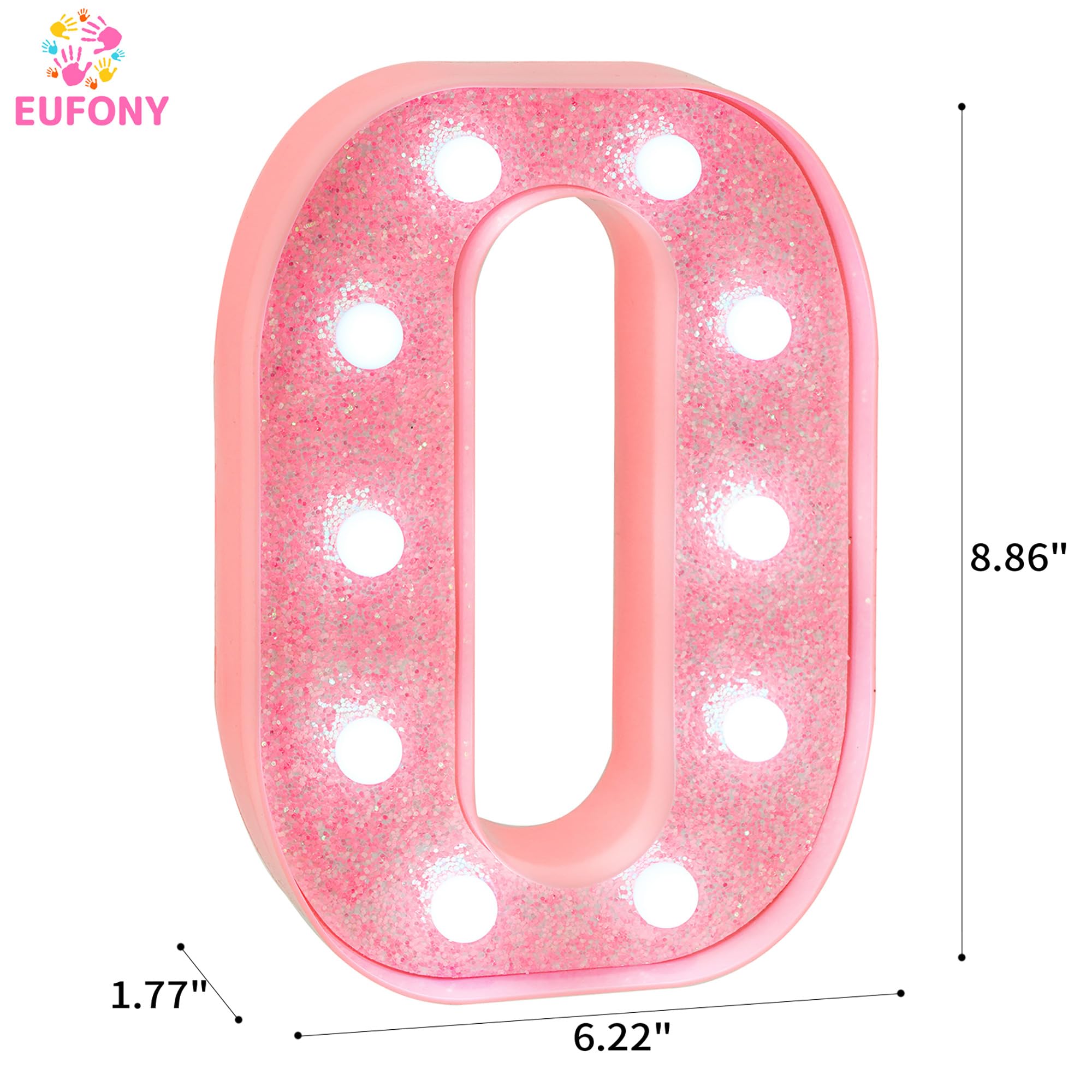 EUFONY Pink Glitter LED Marquee Light Up Letter O with Cool White Lights, Battery-Powered Alphabet Letter Sign for Girls Gift, B