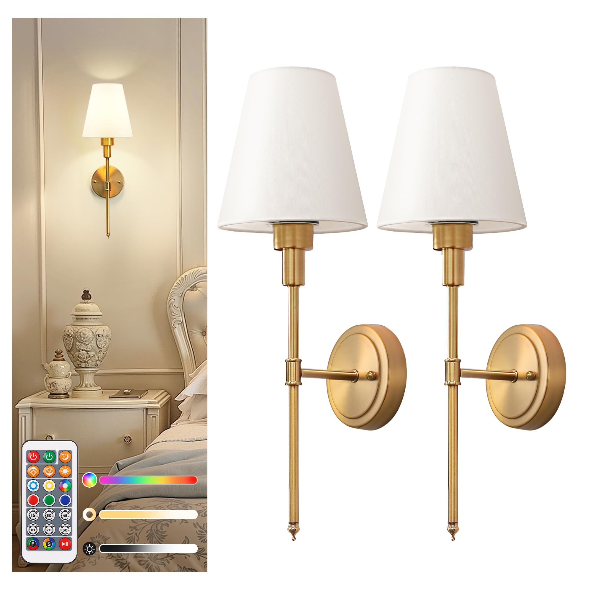 DORESshop Battery Operated Wall Sconce Set of 2, Dimmable, Metal, 20.7 inch, Gold