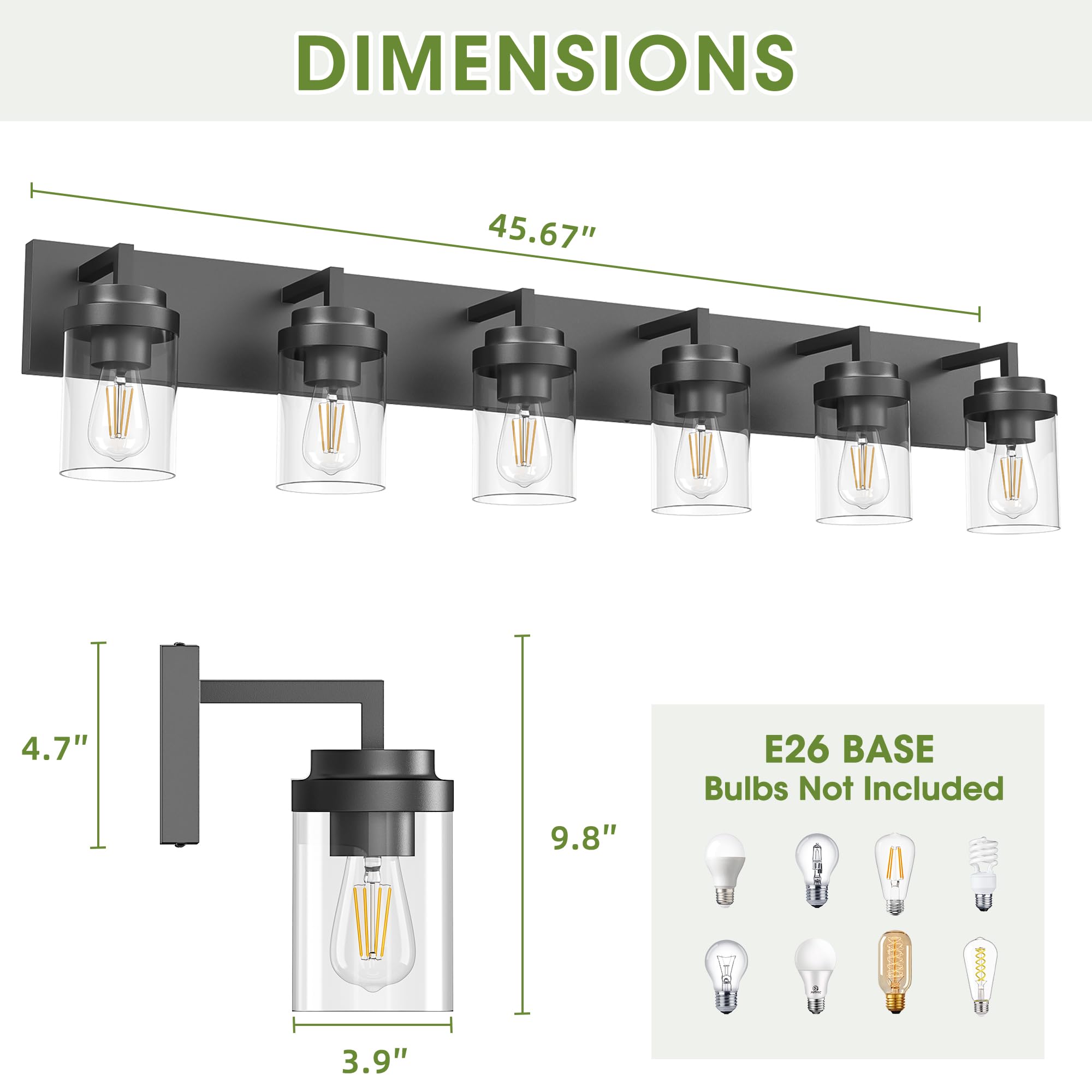Espird Bathroom Vanity Light, 6 Light Bathroom Light Fixtures Over Mirror, Black Vanity Lights With Clear Glass Shade, Modern Ba
