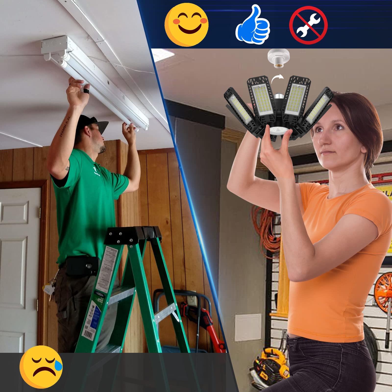 Iskydraw Garage Lights - 240W Led Garage Light 2 Pack 24000Lm Garage Lights Ceiling Led With 8 Deformable Panels, Shop Light 650