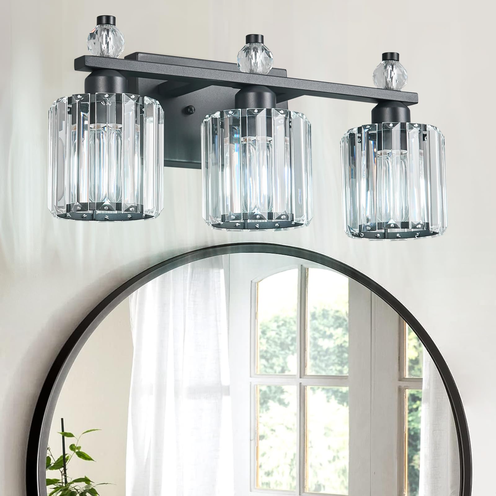 FDPBY 3-Light Bathroom Vanity Light Fixtures, Sand Black Round Crystal, Model 291