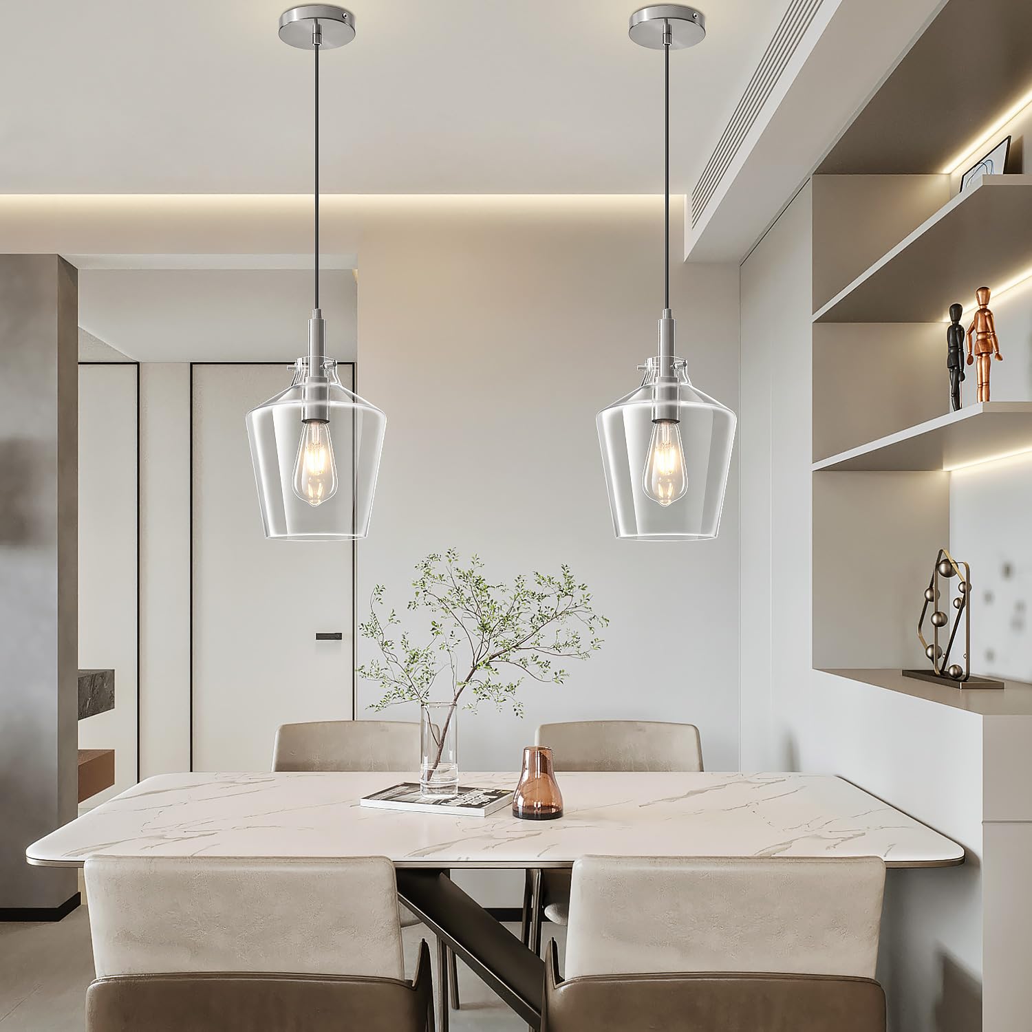 Vaziden Modern Glass Pendant Lighting For Kitchen Island  Farmhouse Nickel Pendant Light Fixtures 1 Pack  Adjustable Hanging Ceiling Light Angled Clear Glass Shades 8 Inch