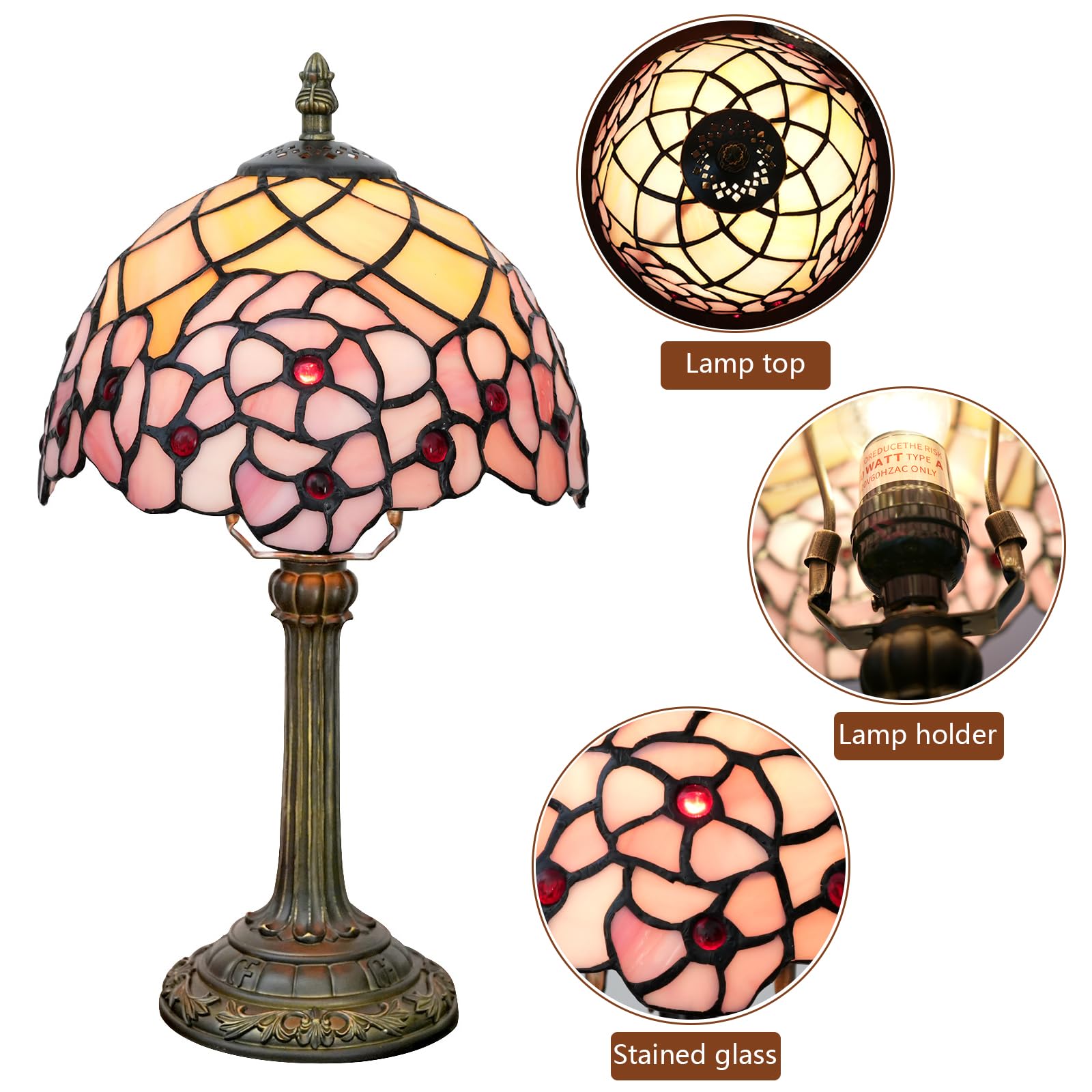 wecrejoni Tiffany Lamp Stained Glass Table Lamp 8x8x14 Inches Cherry Blossom H-1055 for Bedroom Living Room Decor