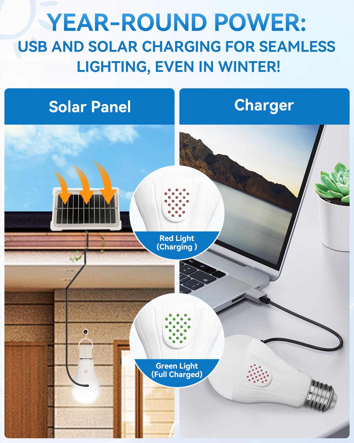 LUXKAZSAZZI Rechargeable Light Bulbs - Solar & USB, 3 Colors, Dimmable, 2 Count, Warm/Cool White, 1800mAh Battery,